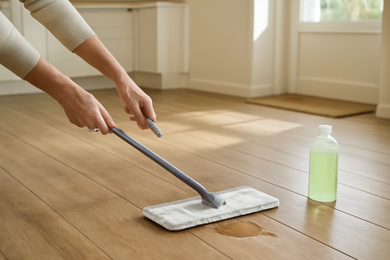Person mopping wood-look SPC flooring in a sunlit kitchen with a flat microfiber mop and clear cleaning solution bottle nearb