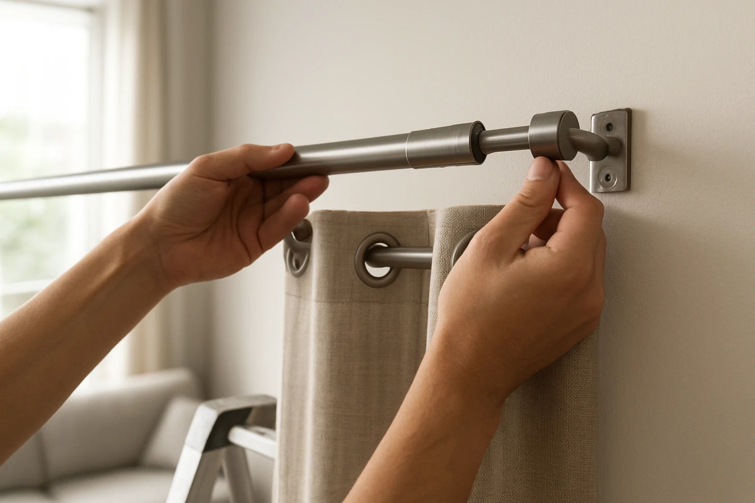 Person on a step ladder inserting a telescopic brushed-steel curtain rod into a wall bracket with linen eyelet curtains alrea