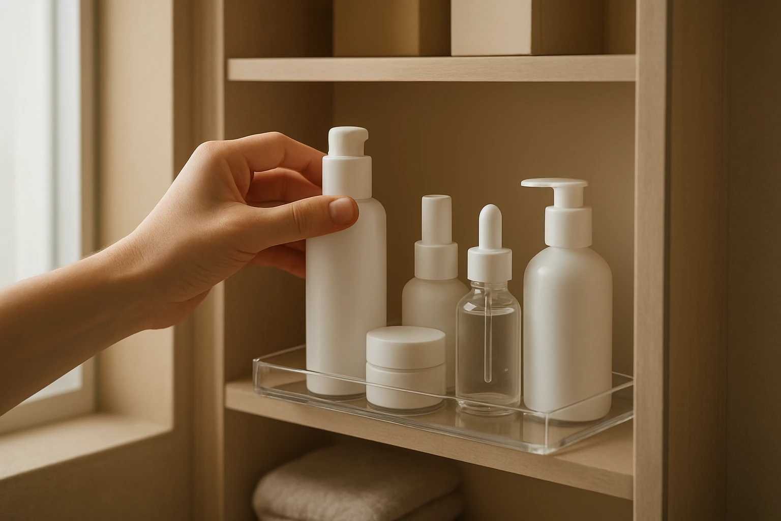 Person placing an unbranded skincare bottle on a clear tray on a bathroom cabinet middle shelf, with less-used items below an