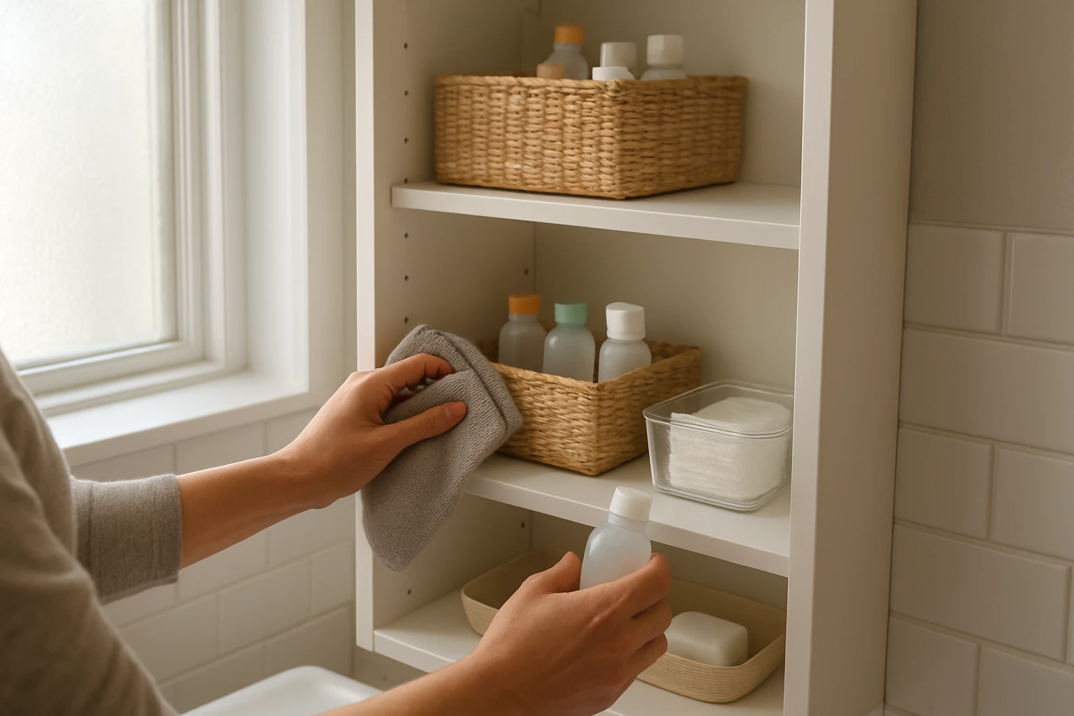 Person wiping a bathroom cabinet shelf and returning toiletries to small baskets under natural daylight.