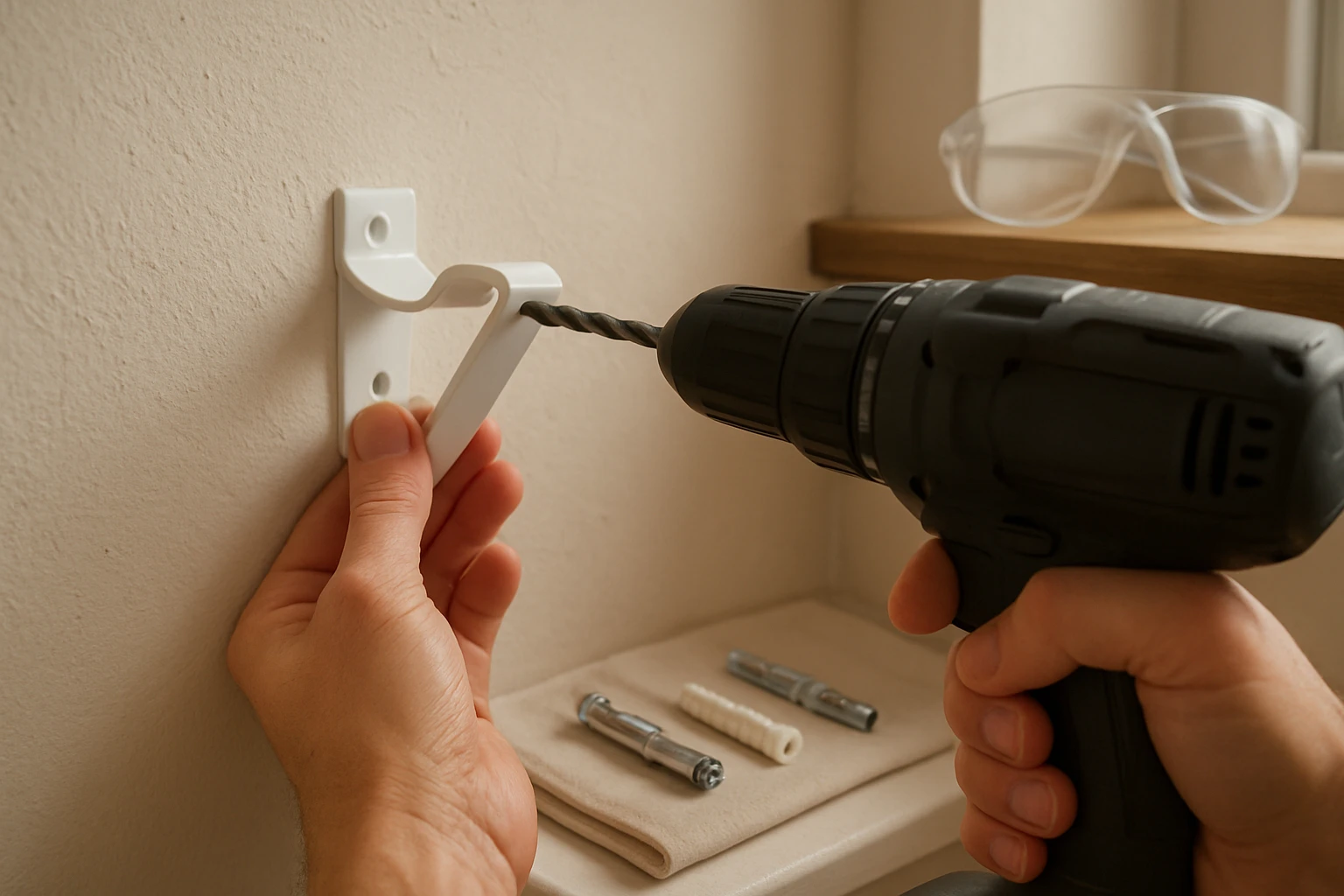 Pilot hole being drilled into a plaster wall above a window while a hand holds a curtain rod bracket and anchors sit on the s