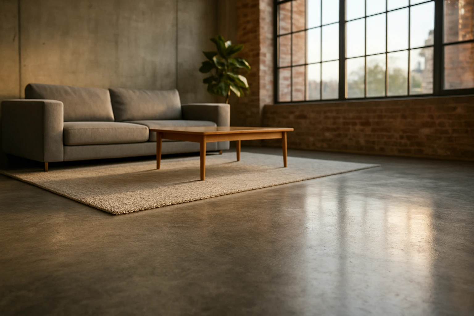 Polished concrete floor in a loft-style living room with area rug, low sofa and morning light from floor-to-ceiling windows.