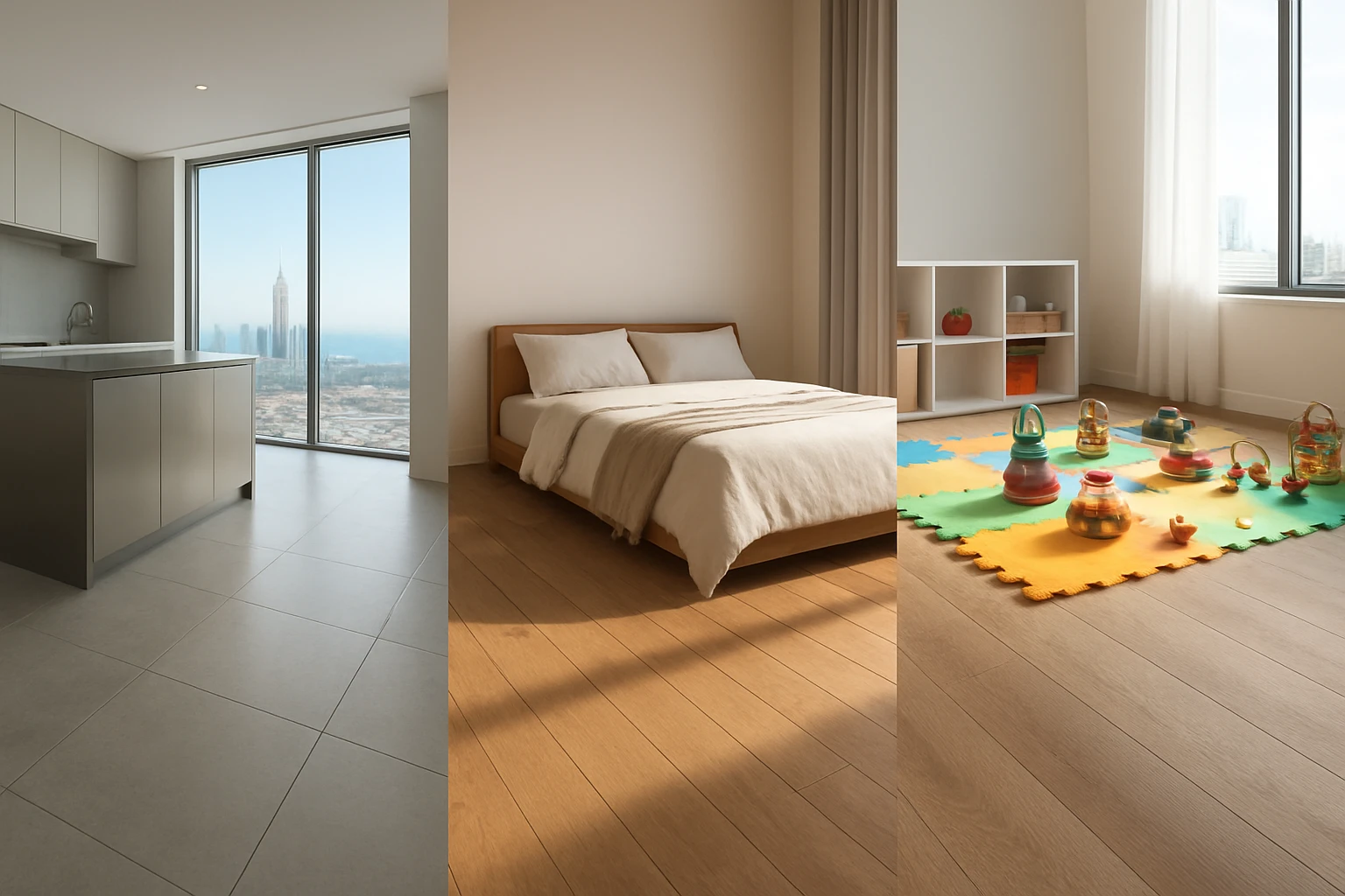 Porcelain tile, engineered wood, and SPC vinyl plank floors shown across three styled Dubai apartment rooms.