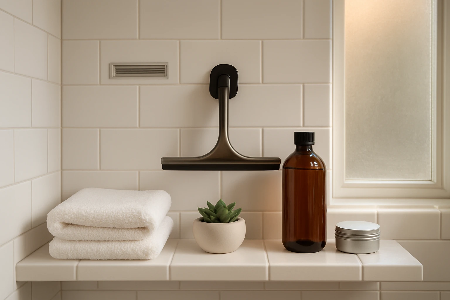 Potted plant, squeegee, folded towel and a small bottle of pH-neutral cleaner on a bathroom shelf in front of white subway ti