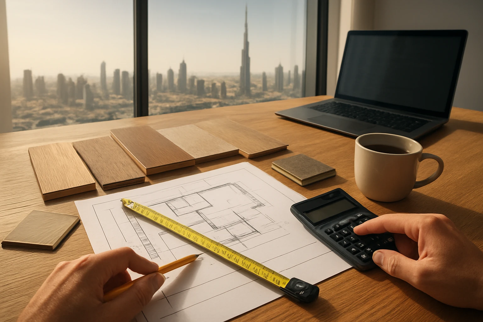 Printed floor plan with measuring tape, flooring samples, calculator and laptop on a Dubai apartment desk while hands mark me