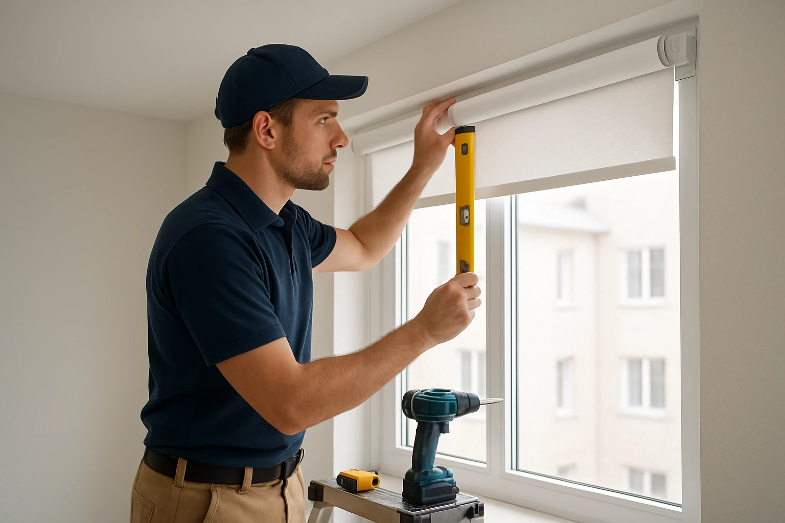 Professional installer fitting a white roller blind inside a modern apartment window using a ladder and spirit level for prec