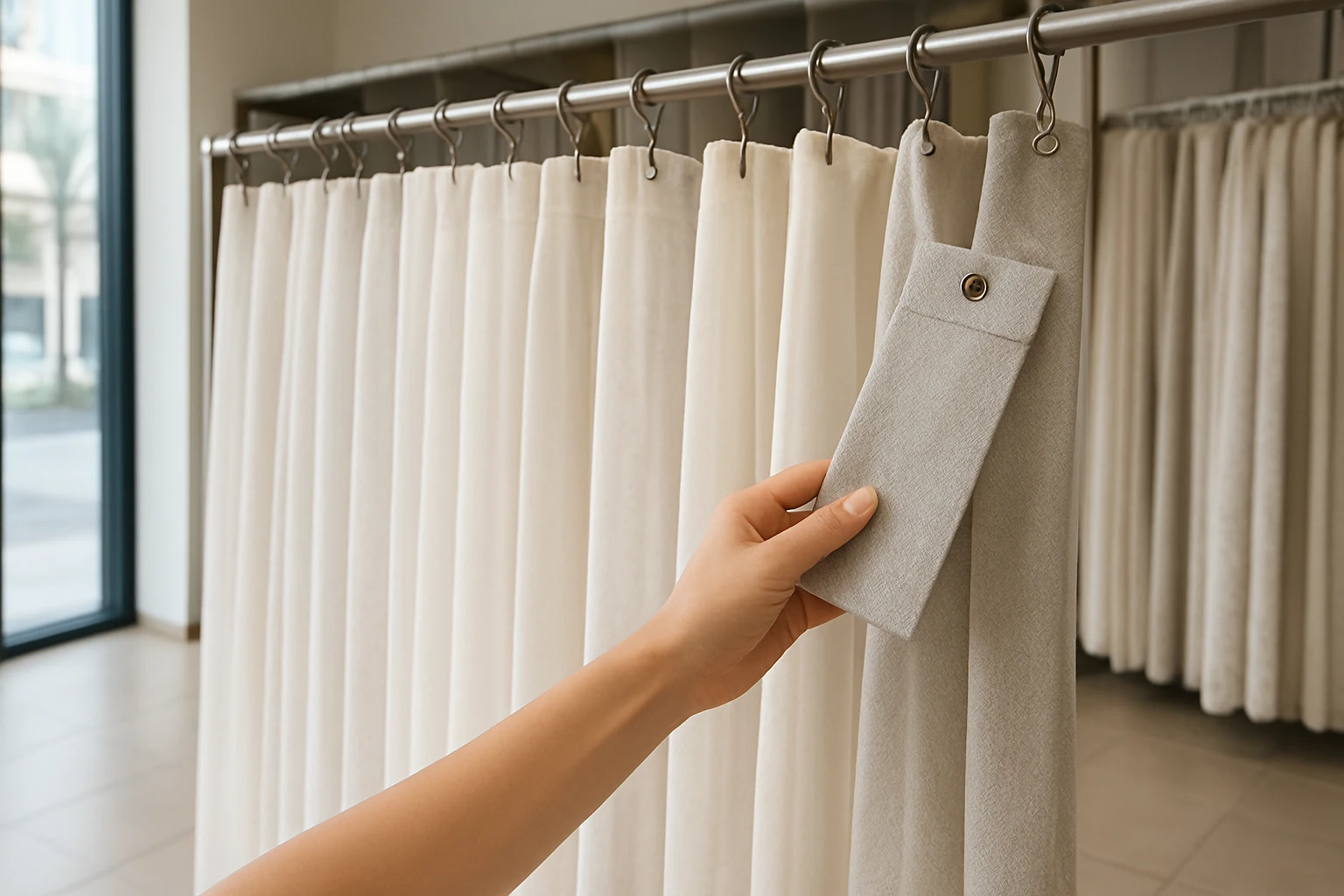 Ready-made sheer curtain panels on display rails in a Dubai showroom with a customer feeling a fabric swatch.