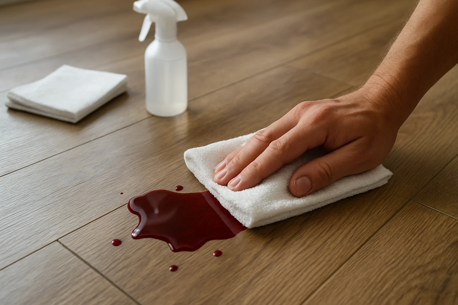Red wine spill being blotted on oak-toned vinyl plank flooring with a white microfiber cloth and unbranded spray bottle nearb