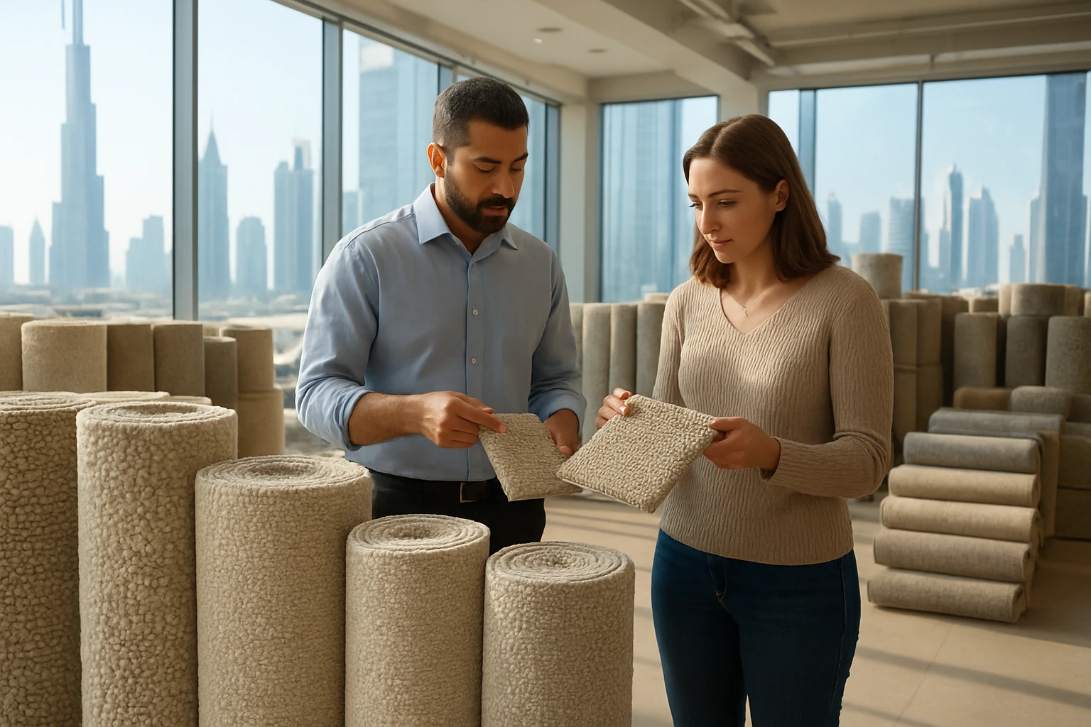 Rolled carpet samples showing wool, nylon and polypropylene textures in a modern Dubai showroom as a salesperson compares swa