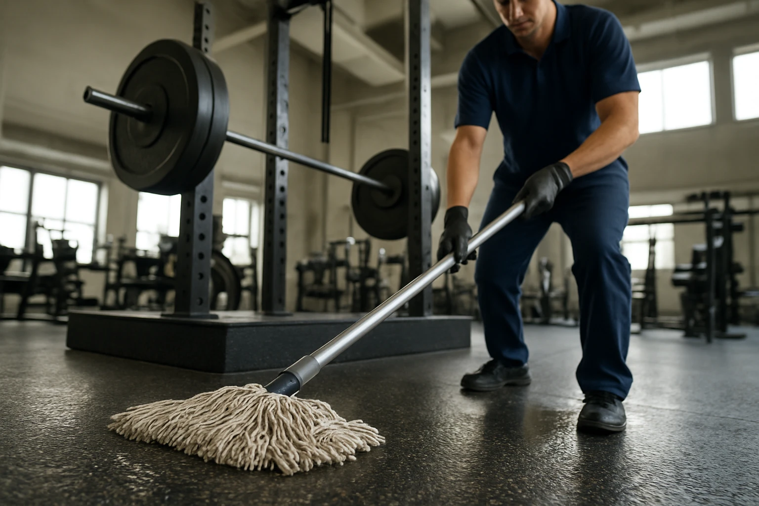 Rubber gym flooring being mopped, showing textured 10 mm tiles and a thicker 25 mm platform under a weight rack.