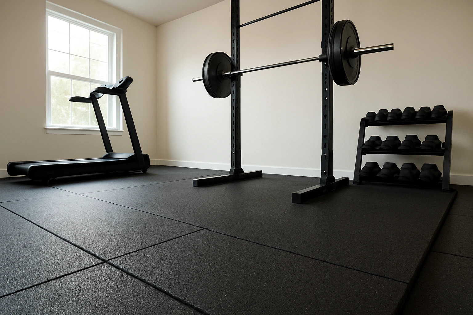 Rubber gym flooring showing three thickness zones: 8 mm under a treadmill, 12 mm under a squat rack, and a 25 mm black liftin
