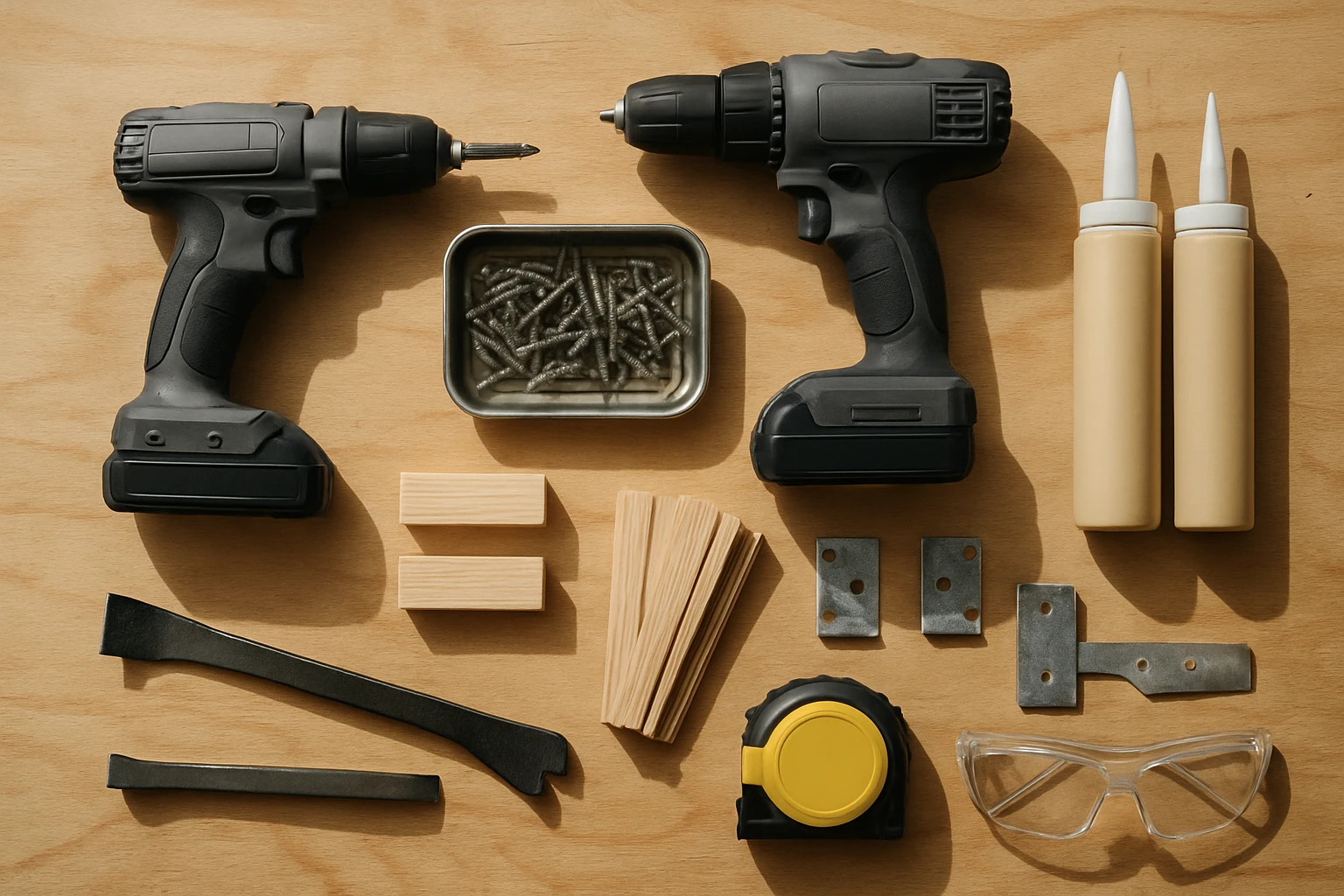 Screw gun with countersink bit, 1¼-inch and 2-inch wood screws, adhesive tubes, shims and glue blocks on a plywood bench.