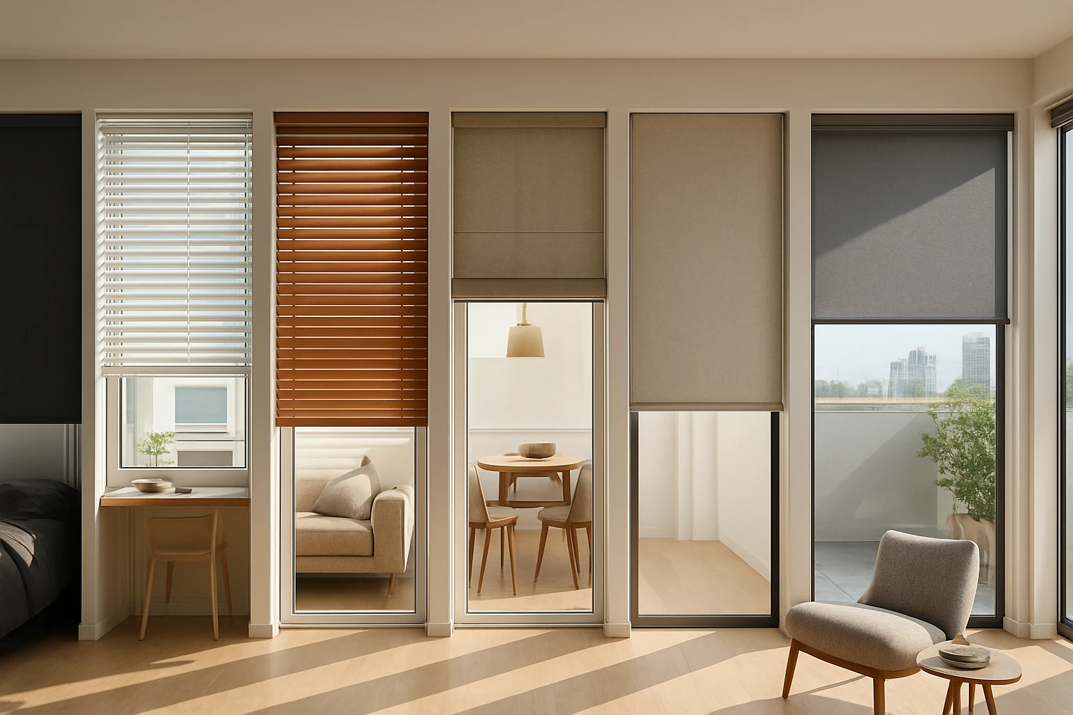 Seven blind types—roller, Venetian, wooden, Roman, panel, bamboo and outdoor—each shown in separate modern Dubai room vignett