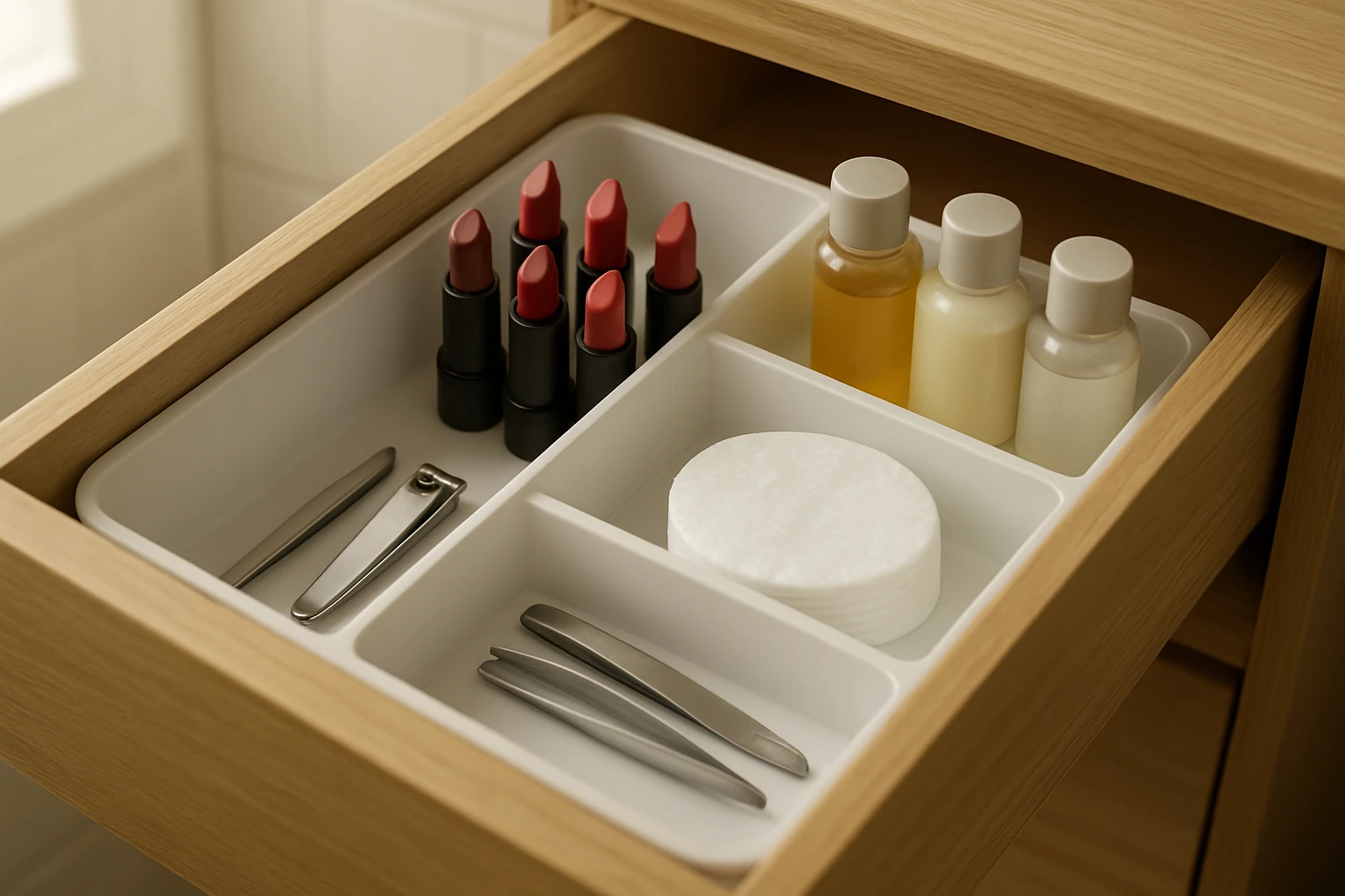 Shallow divided drawer trays filled with lipsticks, tweezers, cotton rounds and small toiletry bottles inside a bathroom cabi