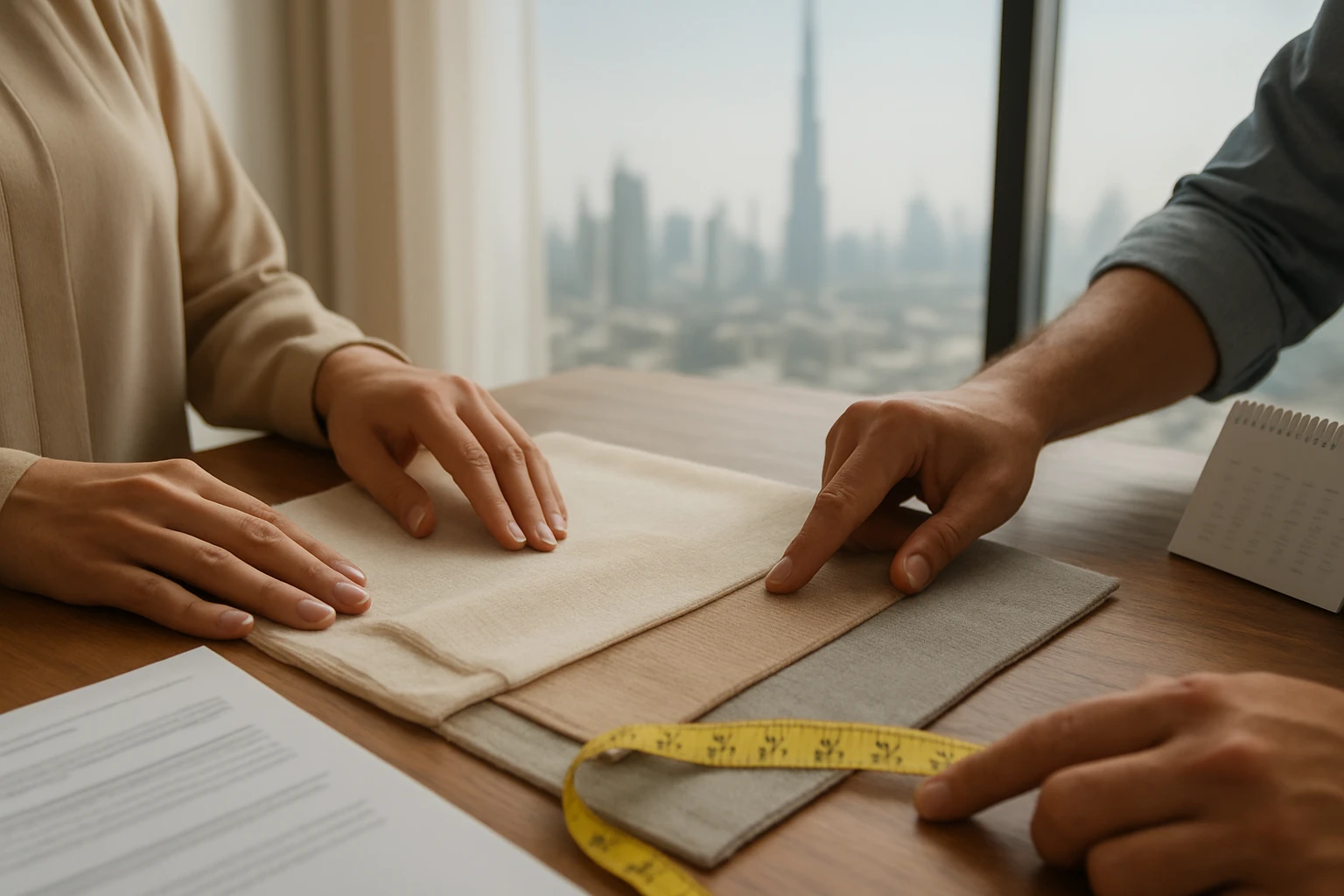 Sheer curtain fabric swatches on a table as two people arrange samples beside a blurred calendar and contract with Dubai skyl
