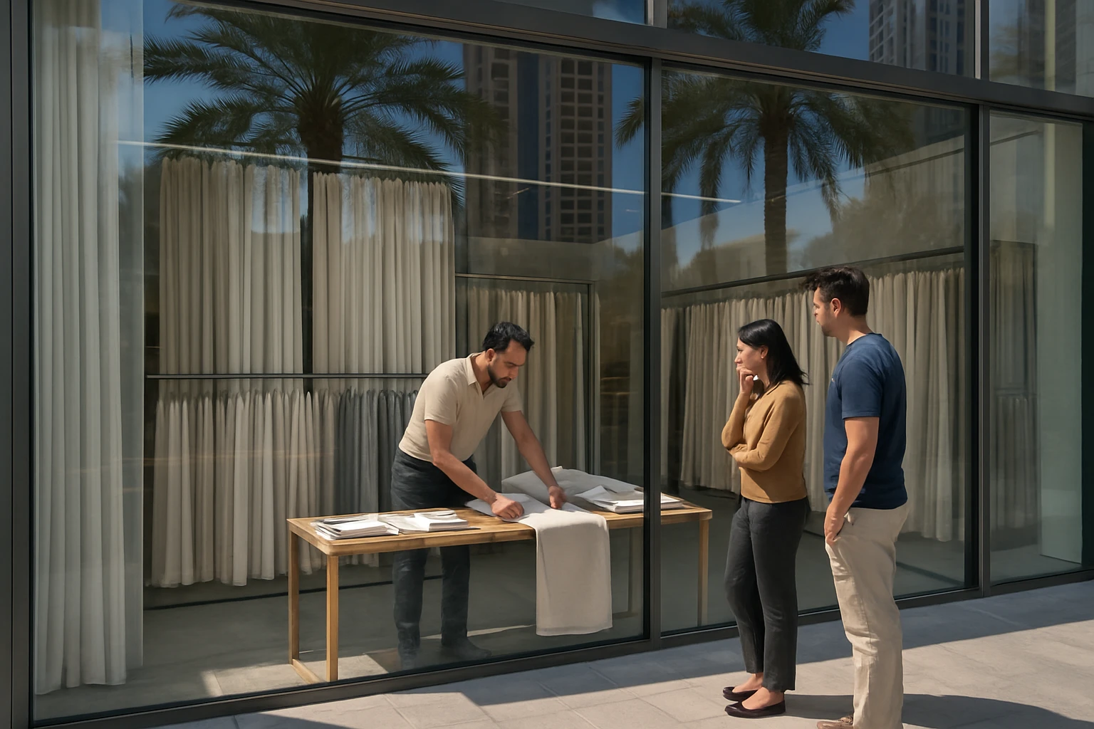 Sheer curtain samples displayed inside a modern Dubai showroom while a fitter consults with clients at the glass storefront.