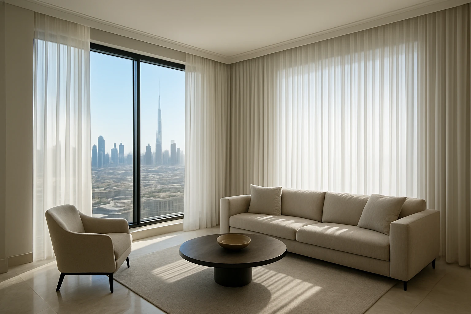 Sheer curtains in a Dubai apartment: left ready-made sheers hang short above the floor, right custom sheers fit ceiling to fl