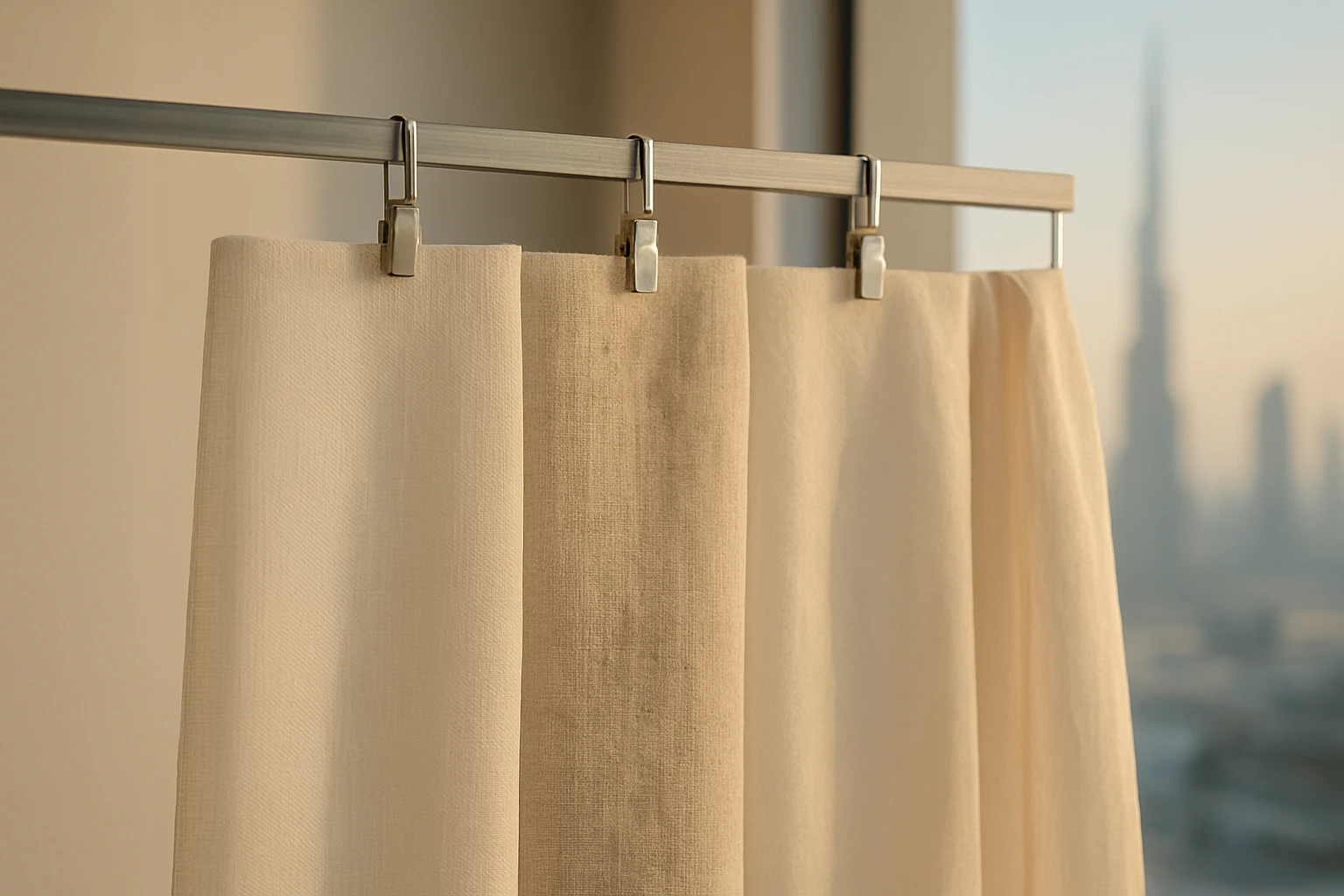 Sheer fabric swatches clipped to a rail showing polyester, linen-blend, silk organza and blended voile textures in warm Dubai