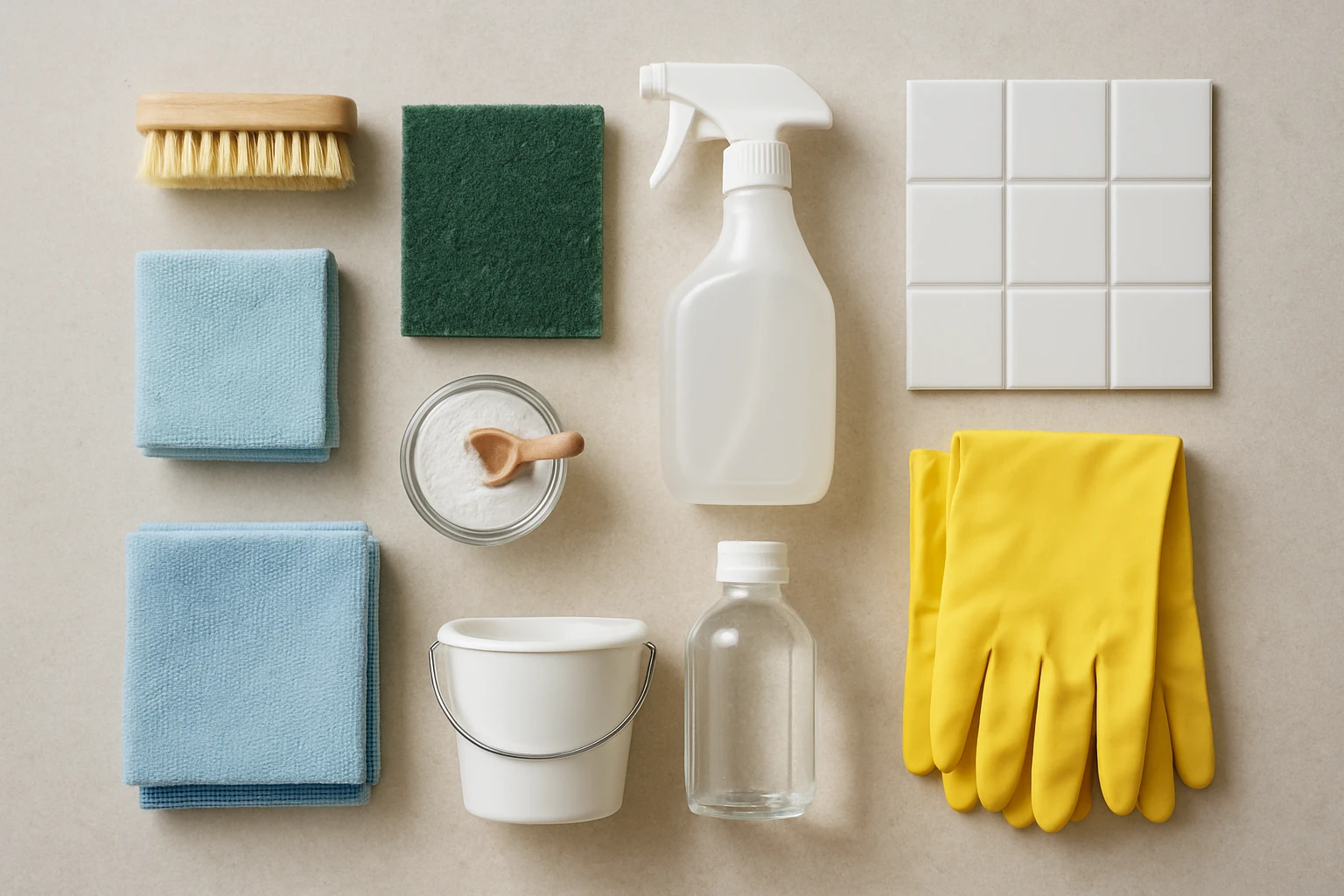 Shower tile cleaning tools arranged on a bathroom counter: grout brush, scrubbing pad, spray bottle, gloves, baking soda, vin