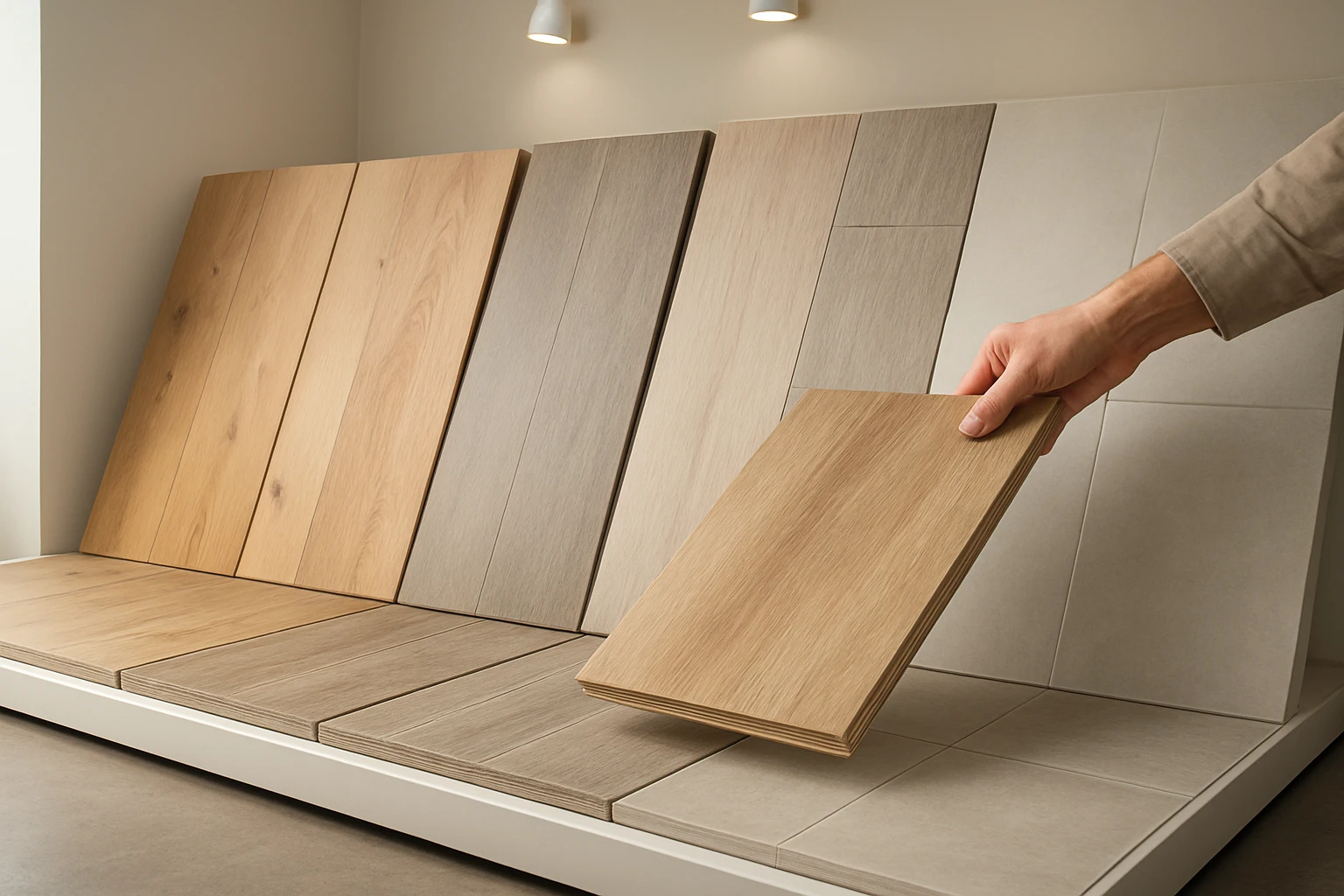 Side-by-side showroom display of solid hardwood, engineered wood, SPC planks, LVT tiles, and large-format ceramic tile sample