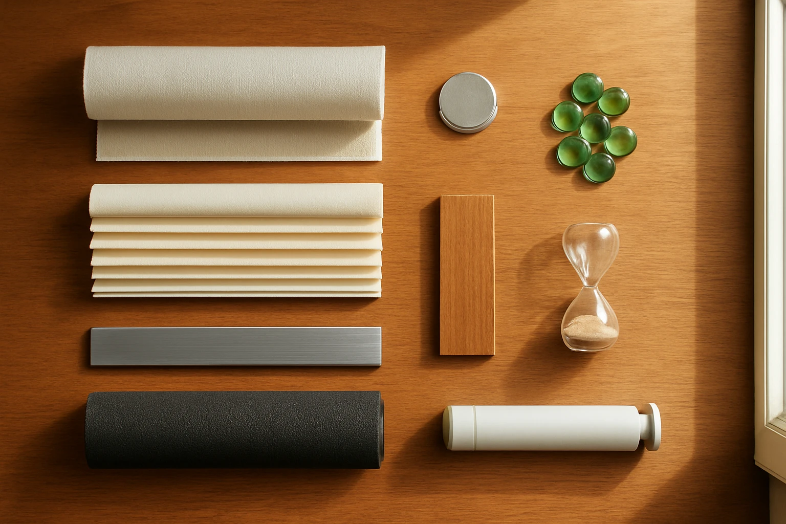Six blind samples (roller, cellular, wooden, aluminium, blackout, motorized) on a wooden desk with coin-like stacks, green pe