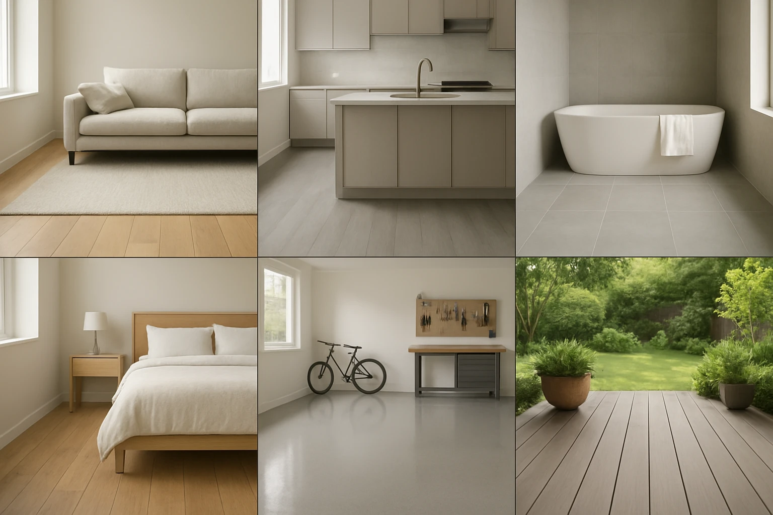 Six-scene grid of recommended floors: oak living room planks, SPC kitchen floor, porcelain bathroom tiles, engineered wood be