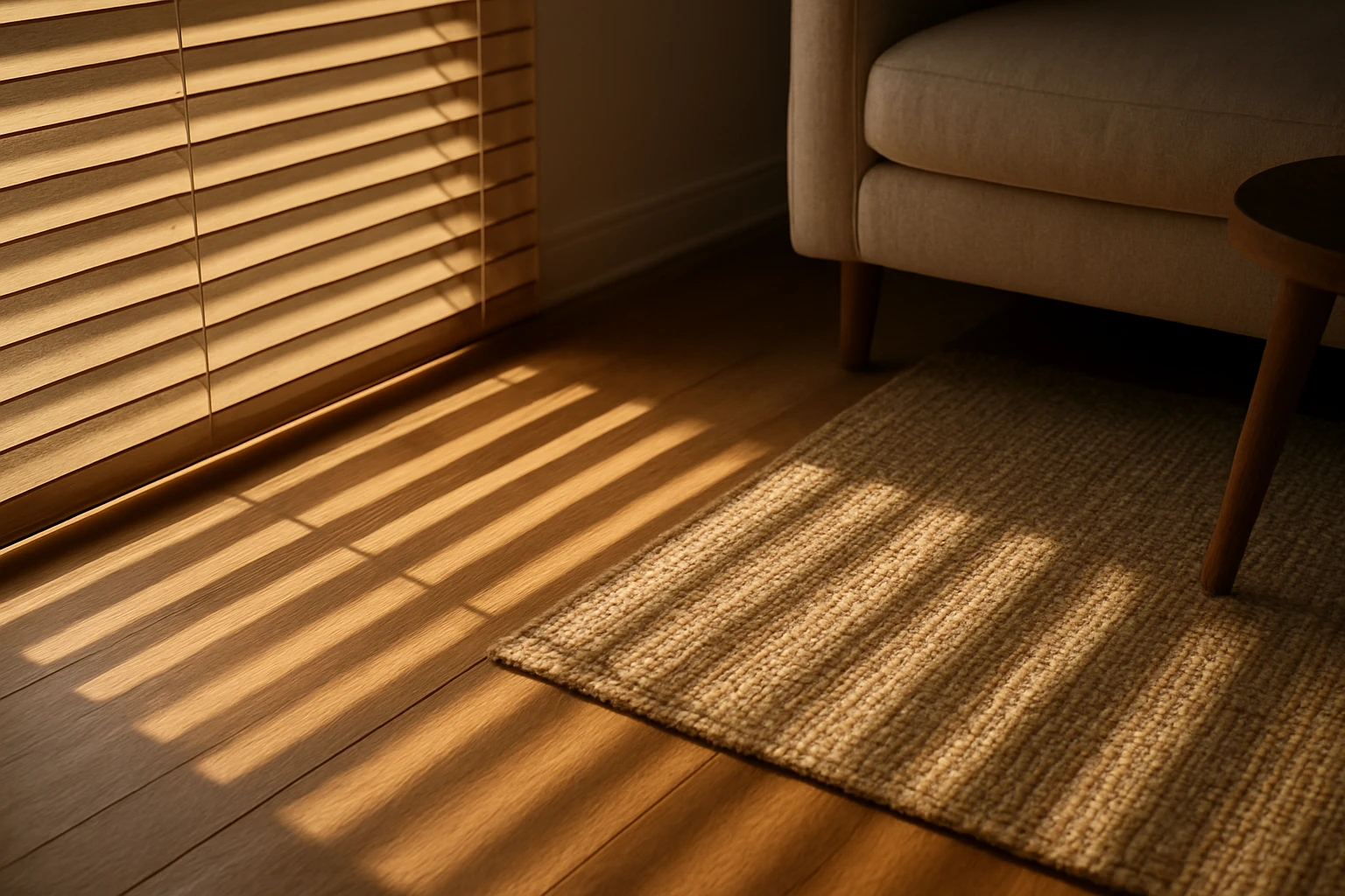 Slatted window blinds filtering morning sunlight into soft bands across a wooden floor and woven area rug.