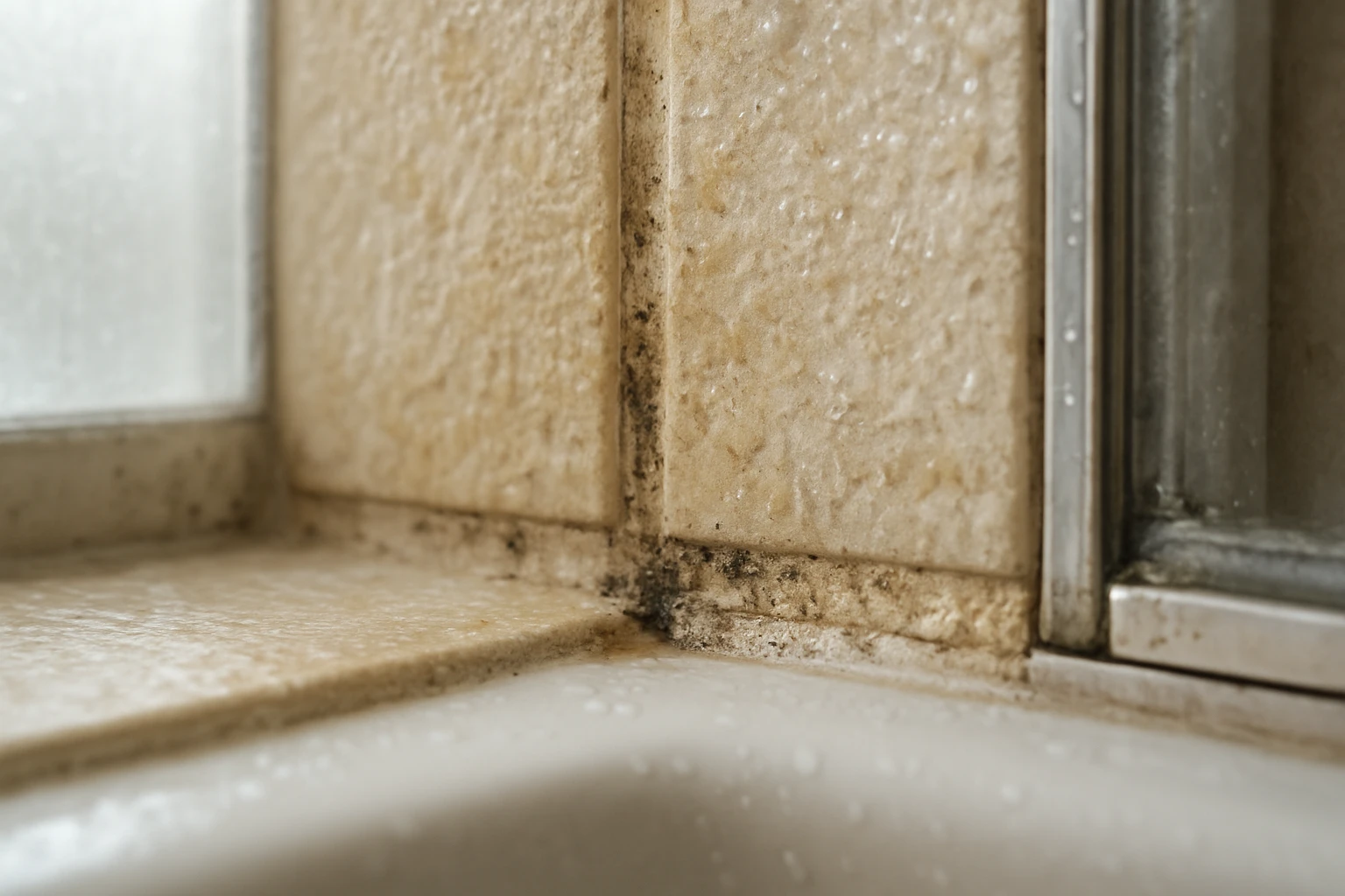 Soap scum, mineral deposits and mold staining along the grout line of textured ceramic shower tiles in a corner near a glass 
