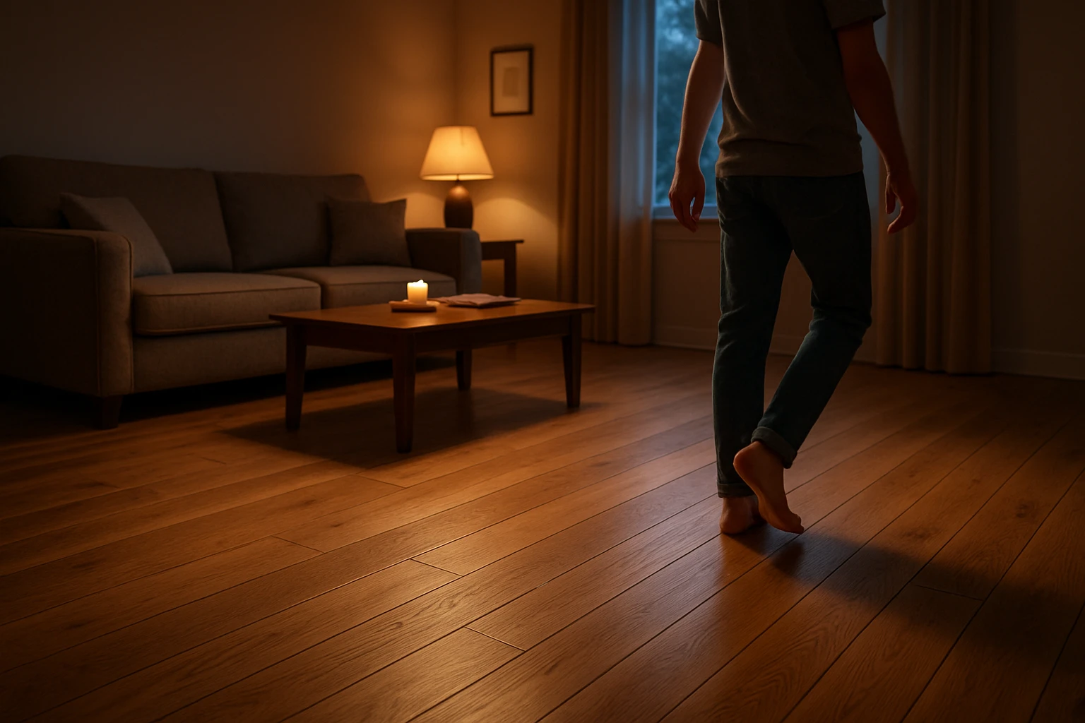 Solid oak hardwood floor in an evening living room with a person walking barefoot to test a recent repair.