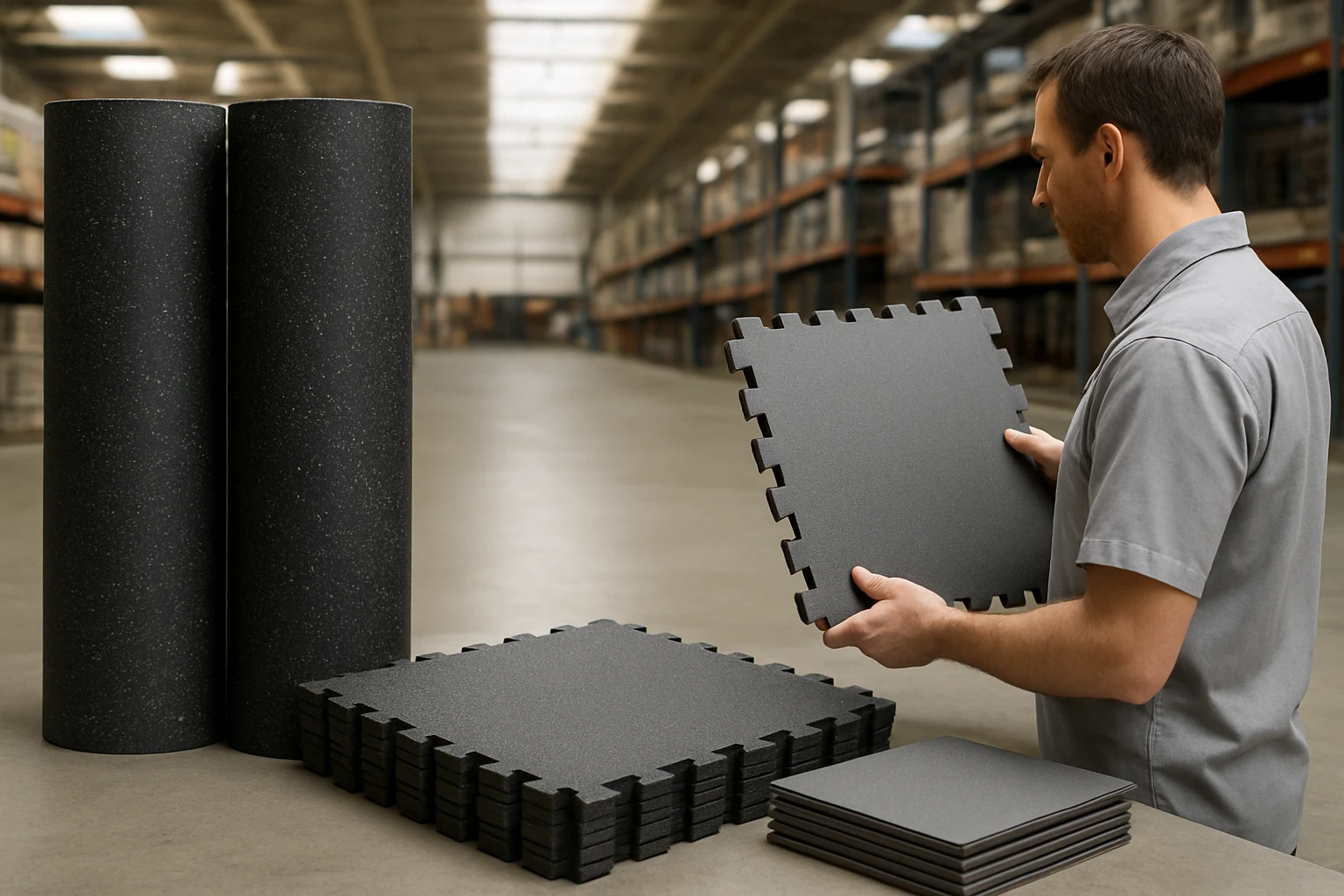 Solid rubber rolls, interlocking rubber tiles, EVA foam tiles and PVC samples in a warehouse with a worker showing a tile edg