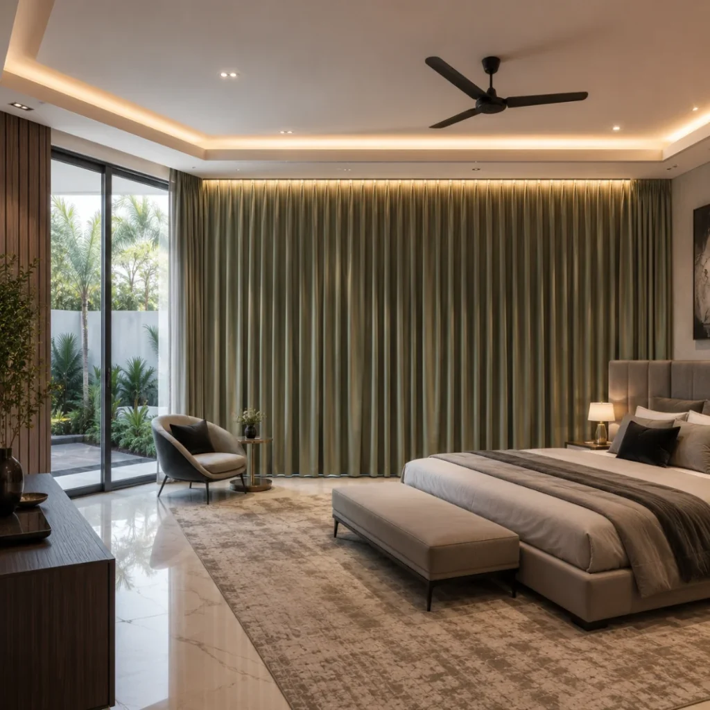 soundproof curtains installed in villa bedroom dubai