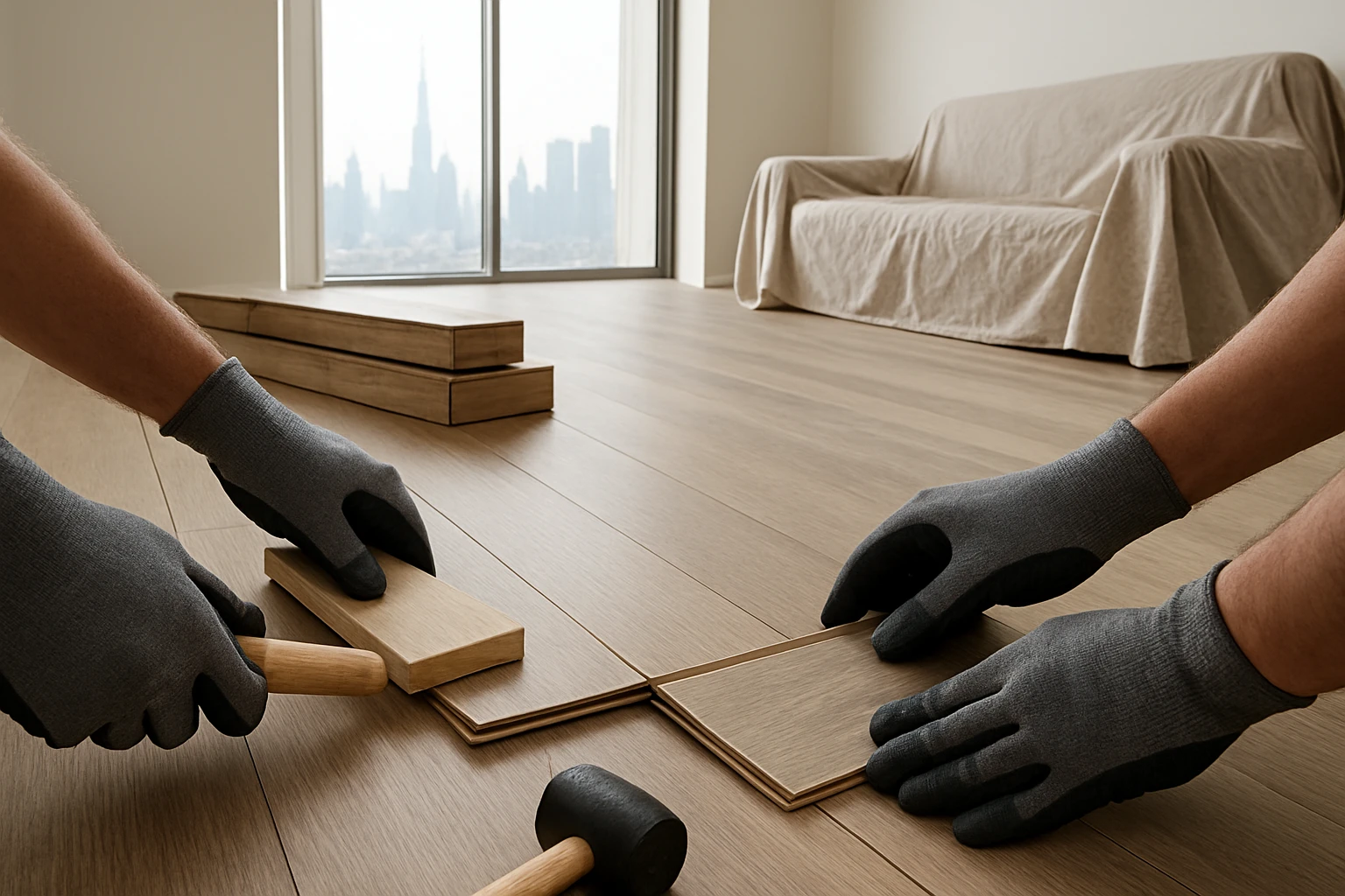 SPC click-lock flooring planks being installed in a Dubai rental living room with furniture covered for protection.