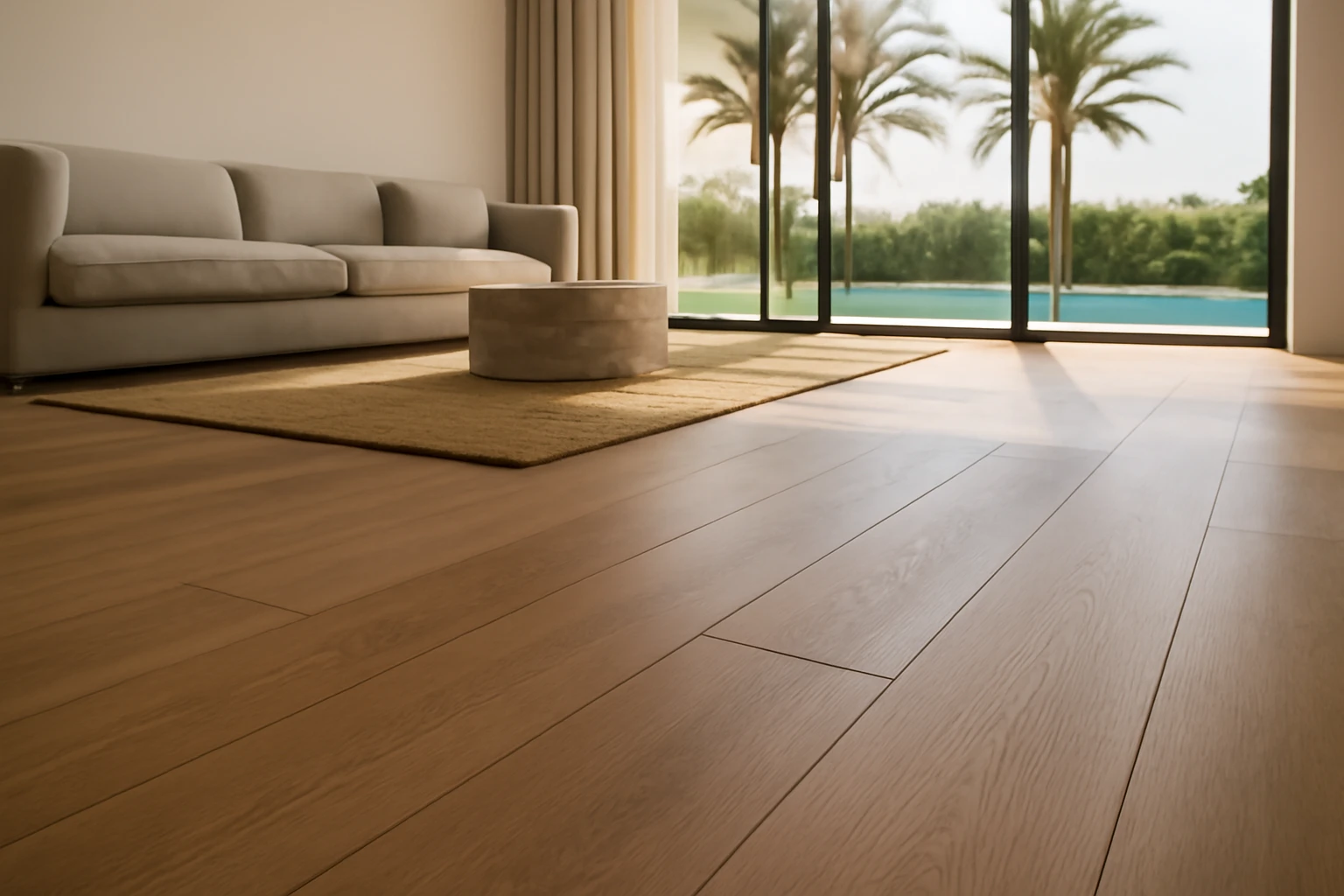 SPC flooring in a modern Dubai villa living room, wood-look planks with tight seams and sunlight through floor-to-ceiling win