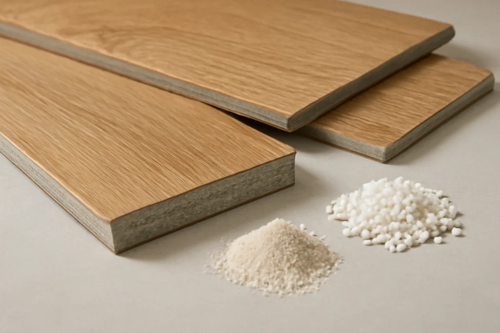 SPC flooring plank cross-section showing wear layer, printed wood-look décor, dense stone-plastic composite core with mineral