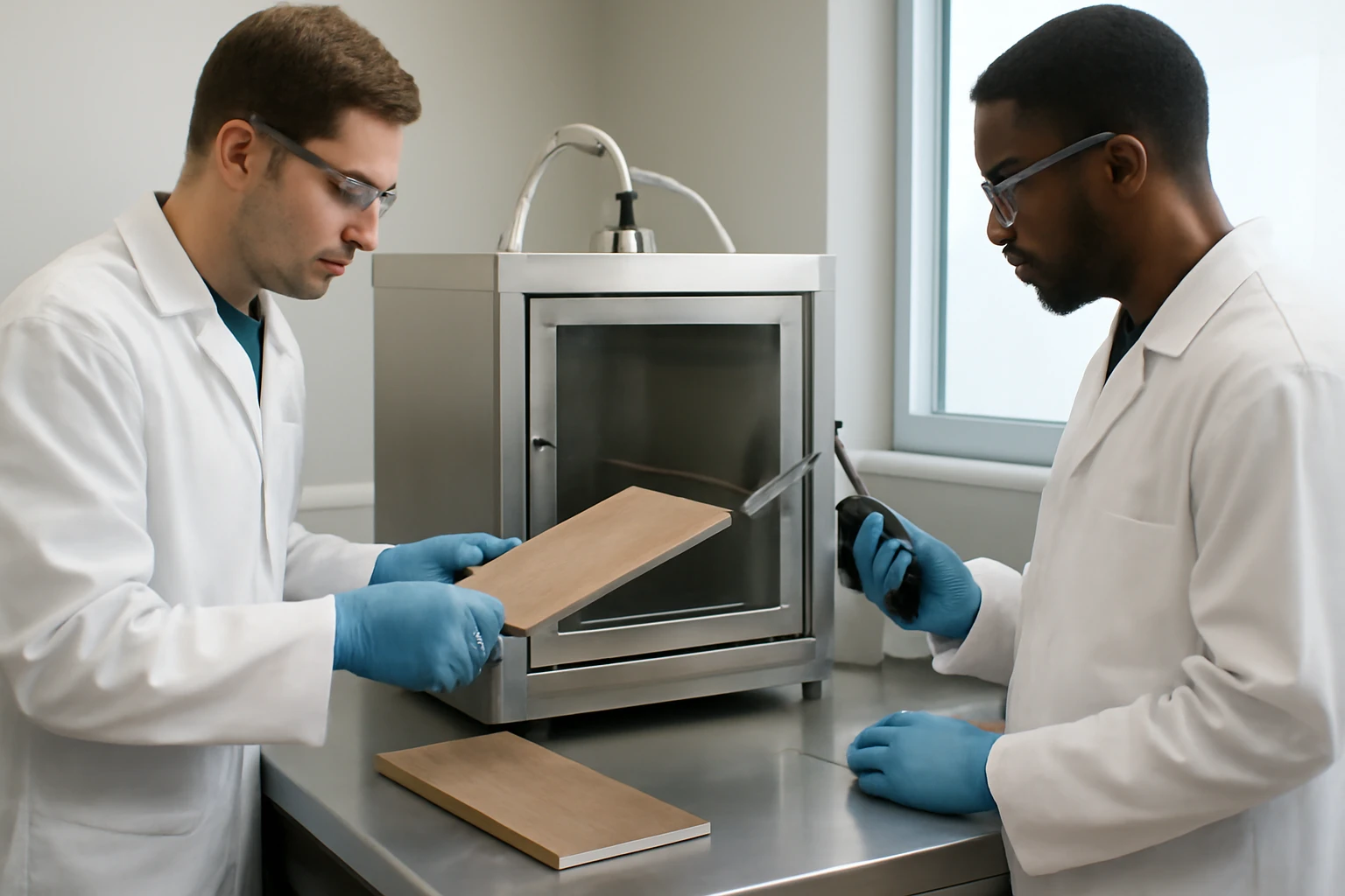 SPC flooring plank undergoing emissions testing in a factory lab with engineers using sampling equipment and a visible cross-