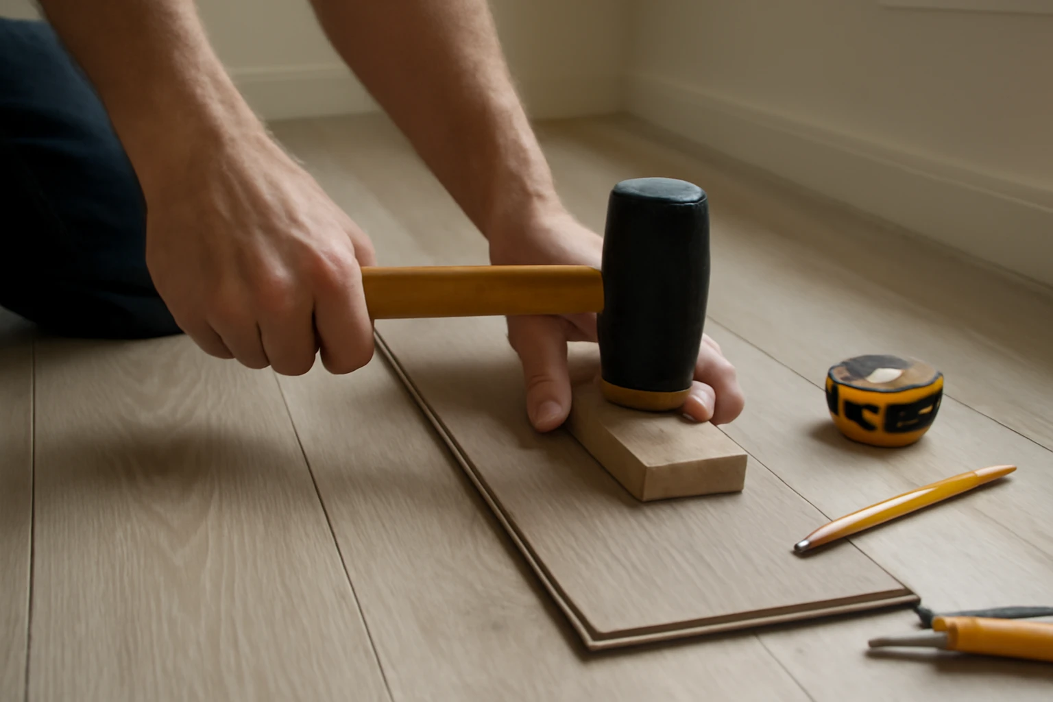 SPC flooring planks being clicked together in a home as hands use a tapping block and rubber mallet, with spacers and underla