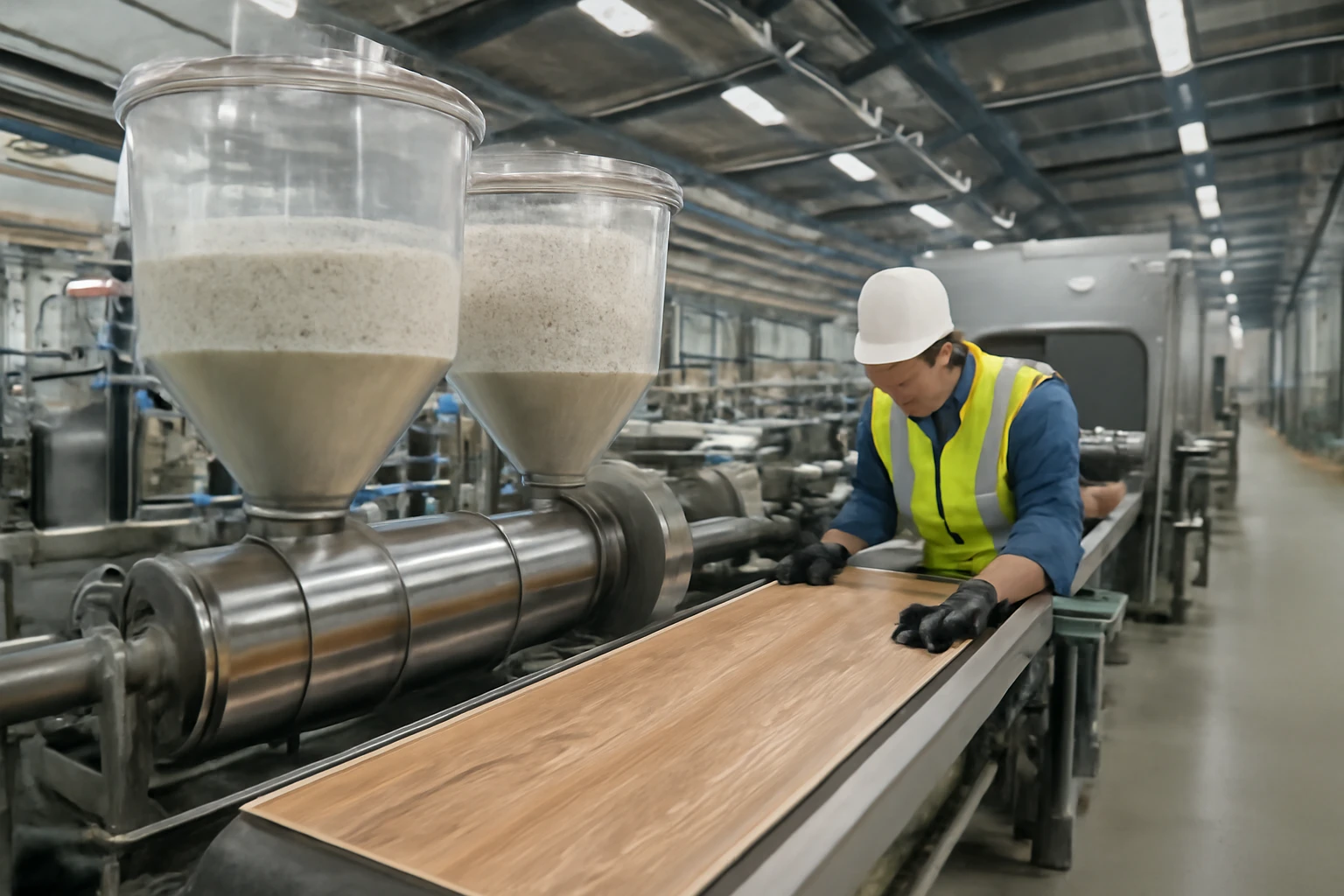SPC flooring planks moving along a factory line with limestone and PVC hoppers, calender rollers, printing station and worker