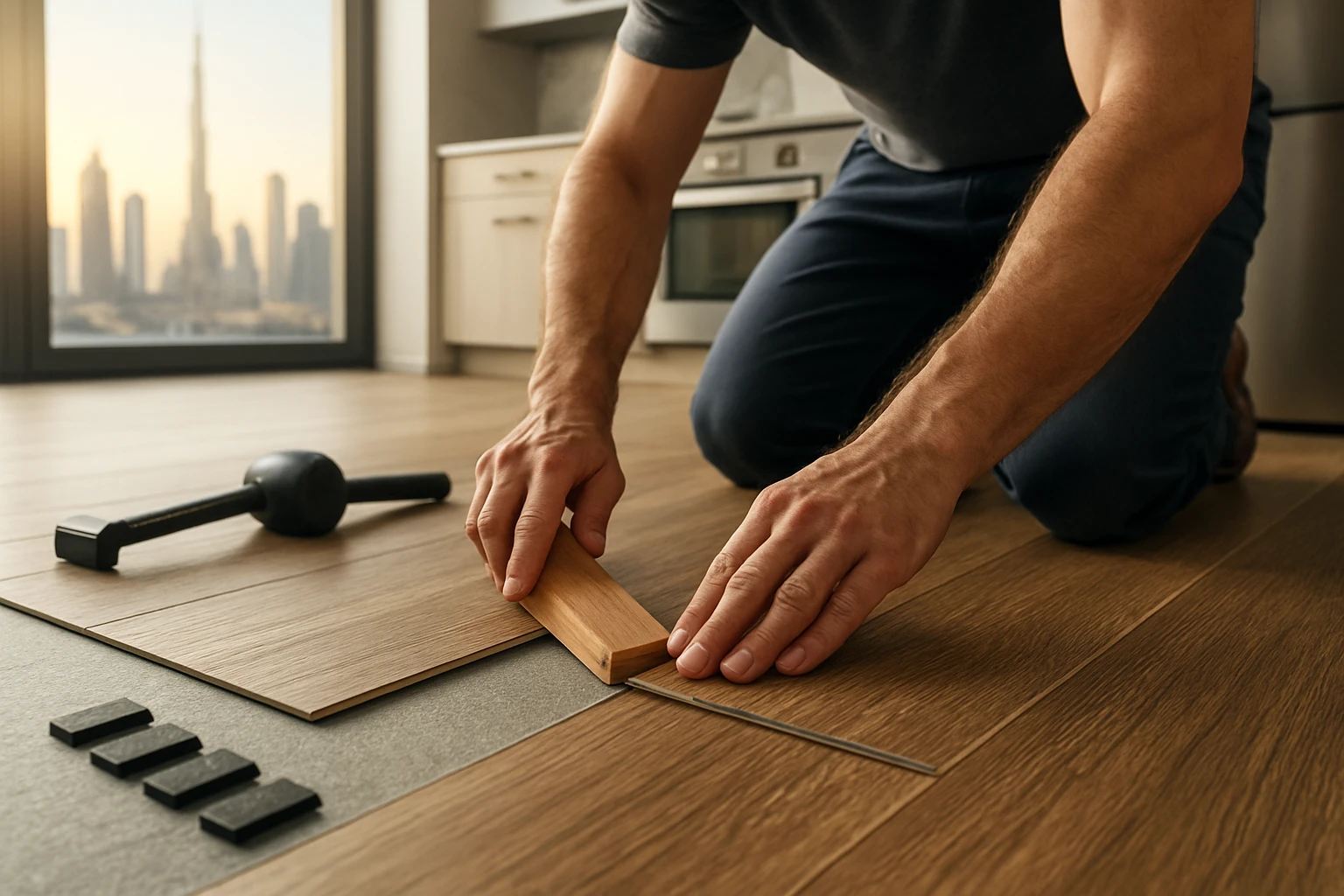 SPC rigid-core vinyl planks being installed in a modern Dubai kitchen, hands aligning a click-lock seam with visible soundpro