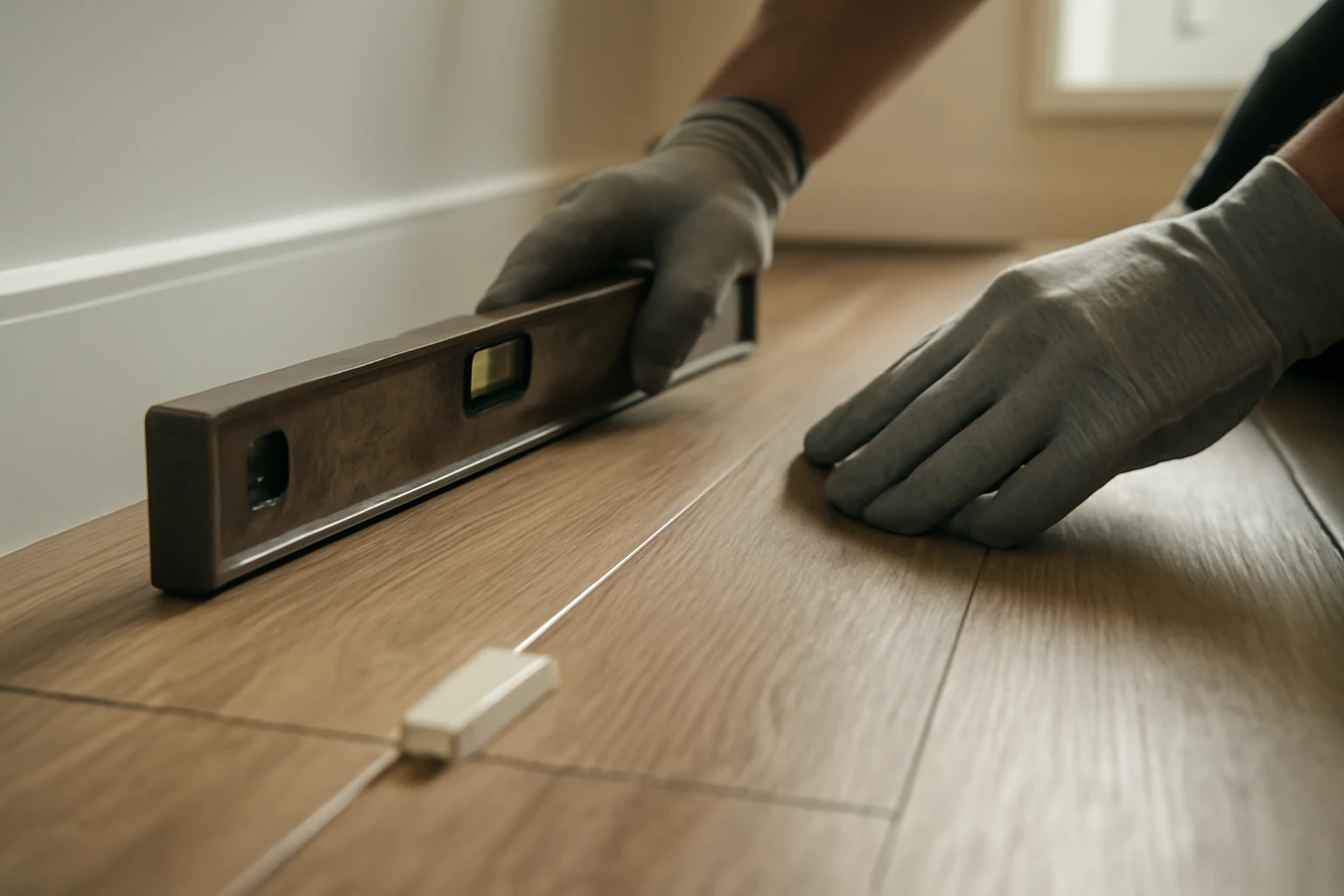 SPC vinyl plank flooring with a plastic spacer forming an expansion gap while an installer checks flatness with a level.