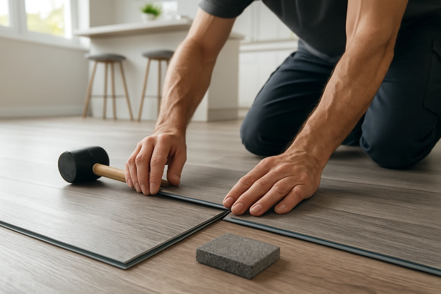 SPC vinyl planks being installed in a modern kitchen, hands locking a click‑lock seam with a sample showing the dense stone-p