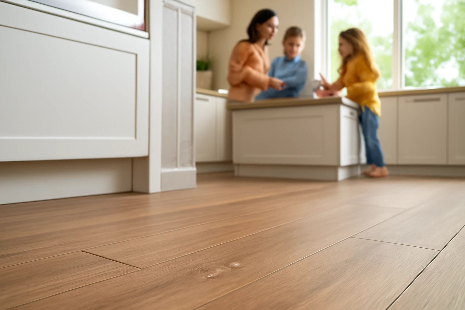 SPC wood-grain planks in a modern kitchen showing tight watertight click joints at the sink with a family cooking blurred beh