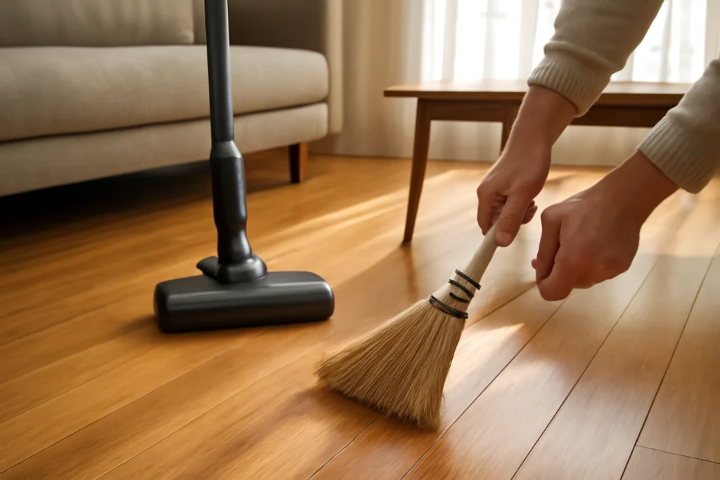 Strand-woven bamboo flooring with a homeowner placing a soft broom next to a low-profile stick vacuum in a sunlit living room