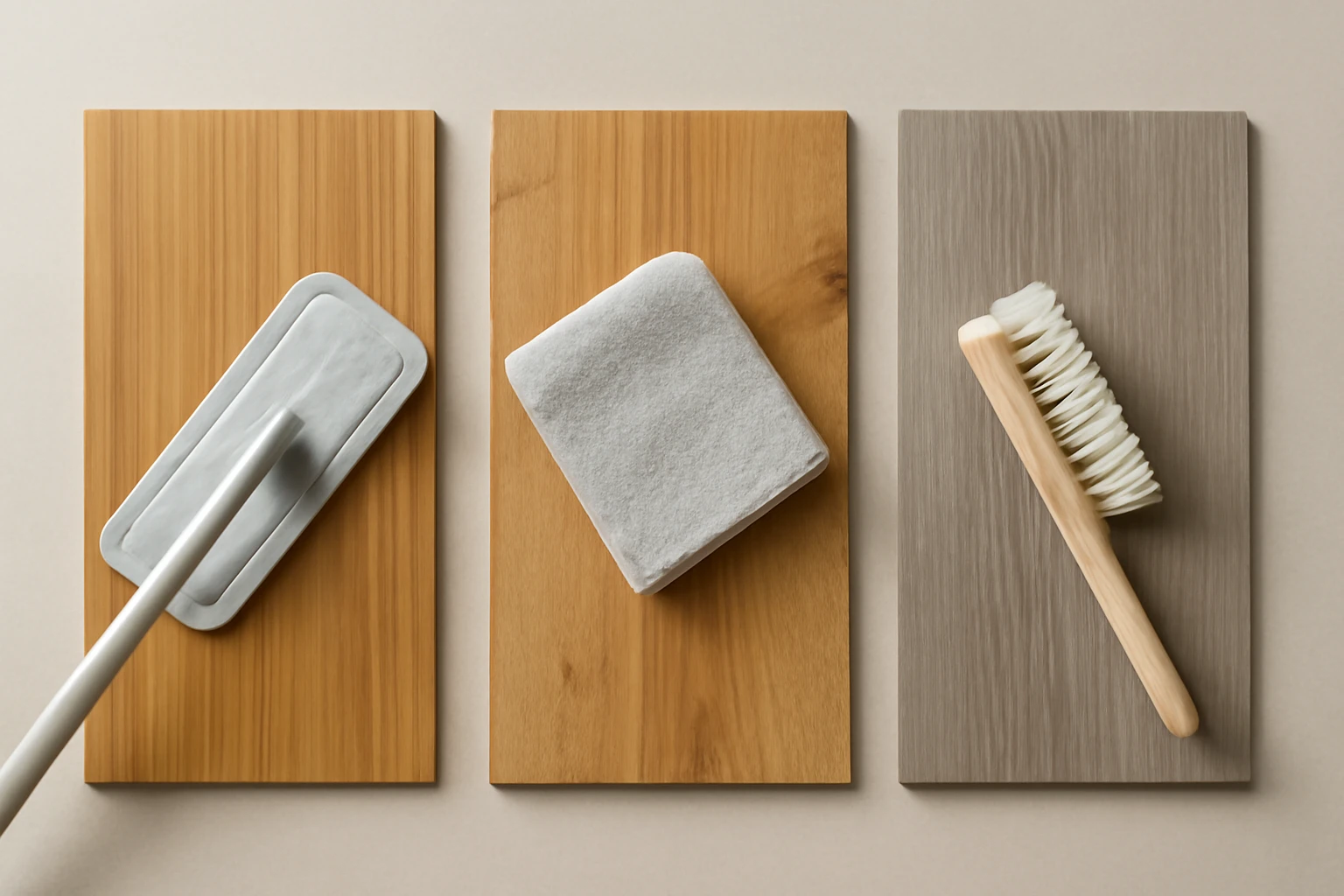 Strand-woven bamboo, oak hardwood, and SPC vinyl flooring samples side-by-side with a mop head, cloth, and soft brush.