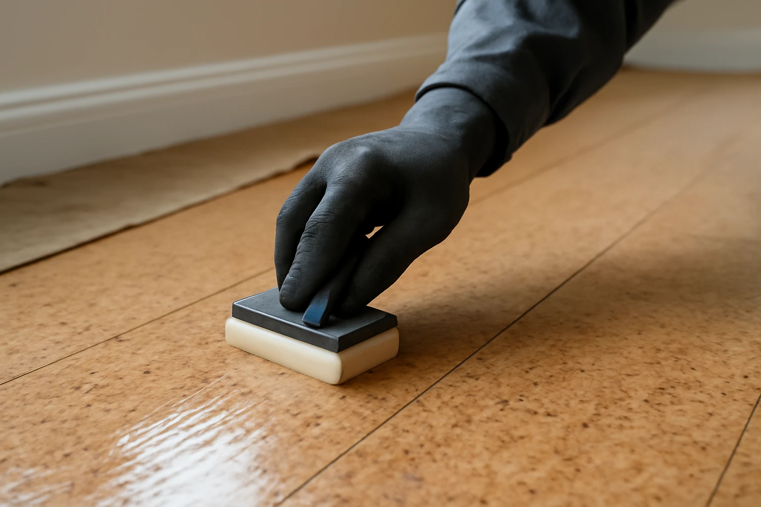 Technician applying a thin coat of water-based polyurethane to cork plank flooring with a foam applicator, long strokes along