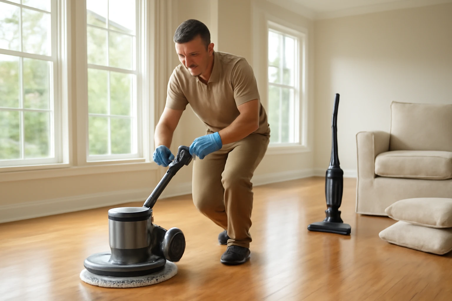 Technician buffing strand-woven bamboo flooring with a low-speed machine and microfiber pad in a bright living room.