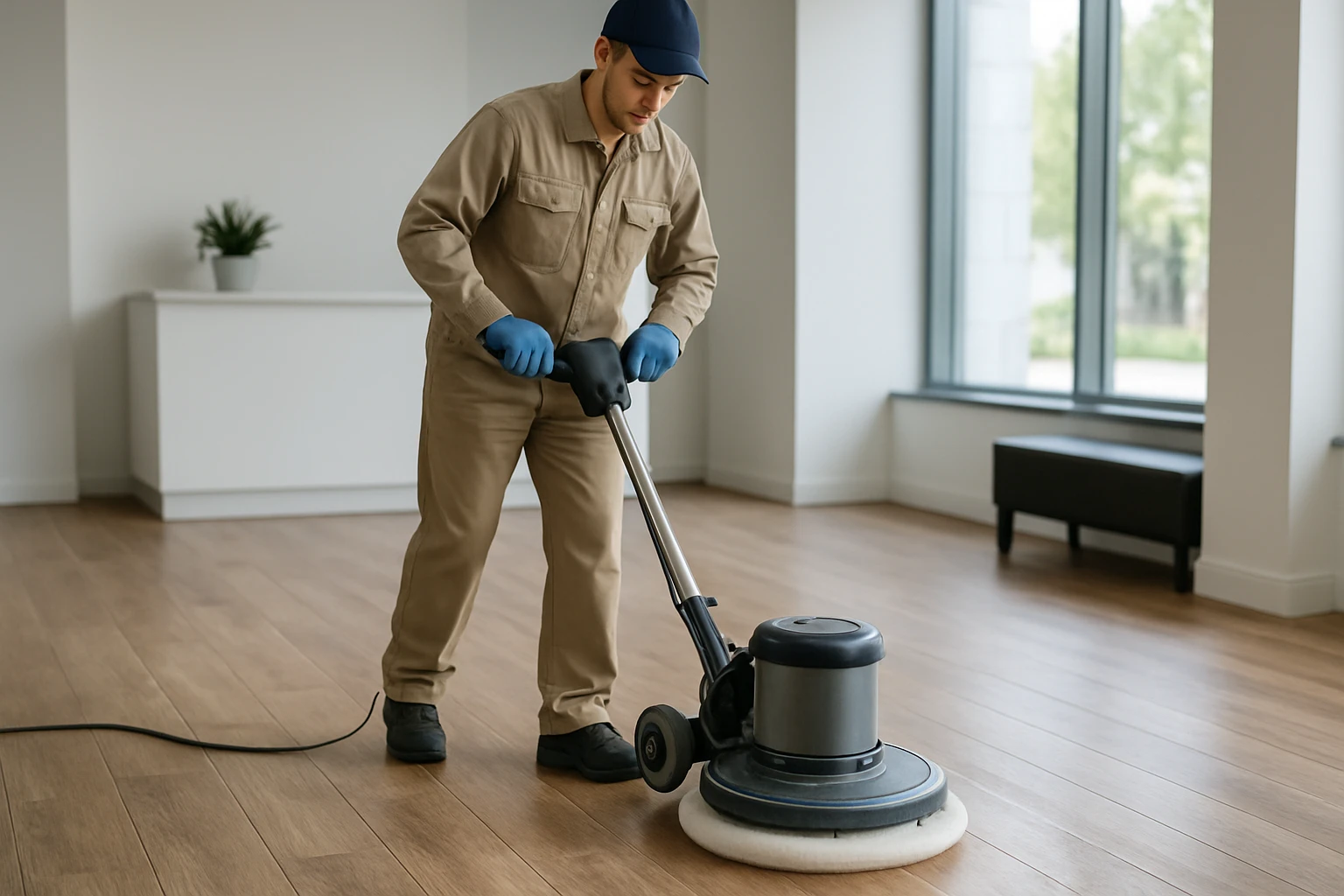 Technician using a low-speed rotary floor machine with a soft pad to gently deep-clean vinyl plank flooring in a bright comme