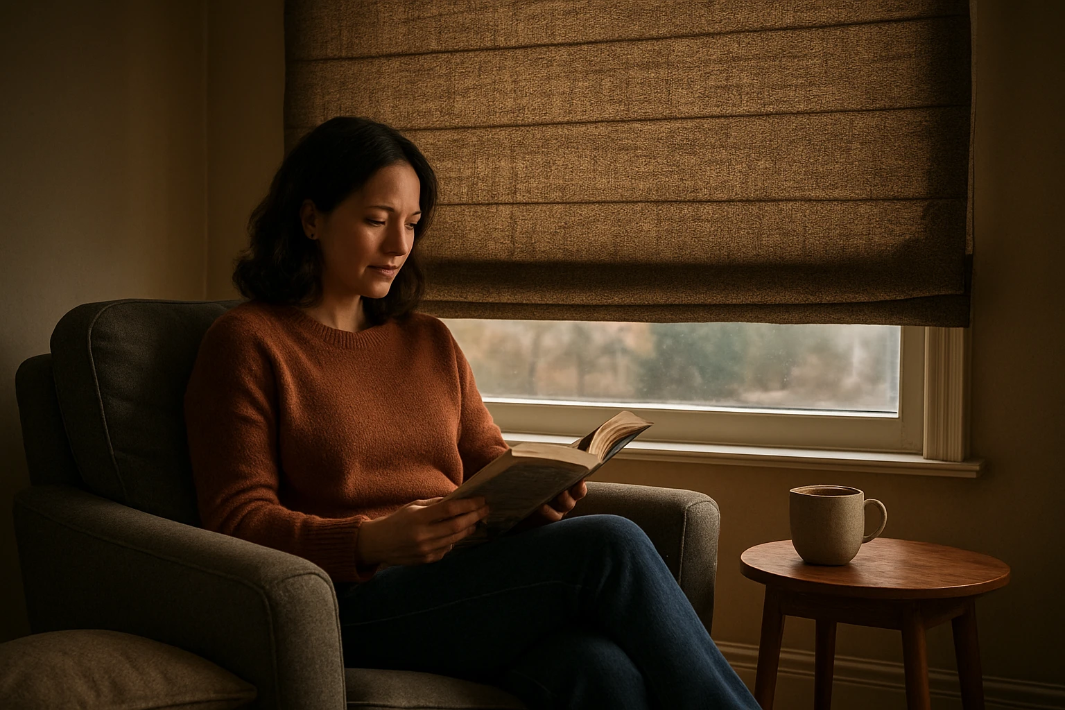 Thick Roman blinds lowered in a cozy study while a person reads with a cup of tea, a blurred street visible through a small g