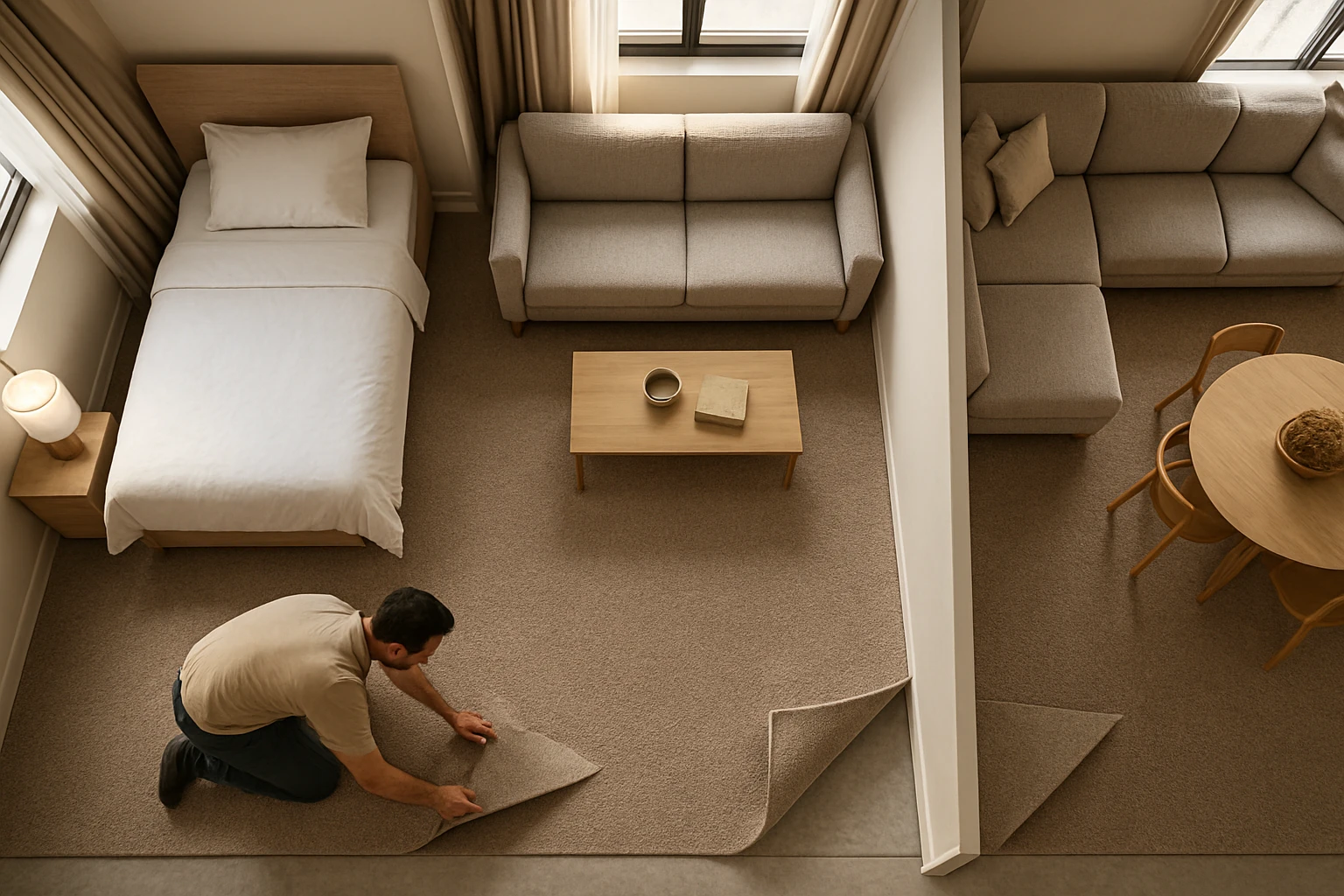 Three carpeted sample rooms in a Dubai apartment — small bedroom, medium living room, and large open-plan lounge with carpet 