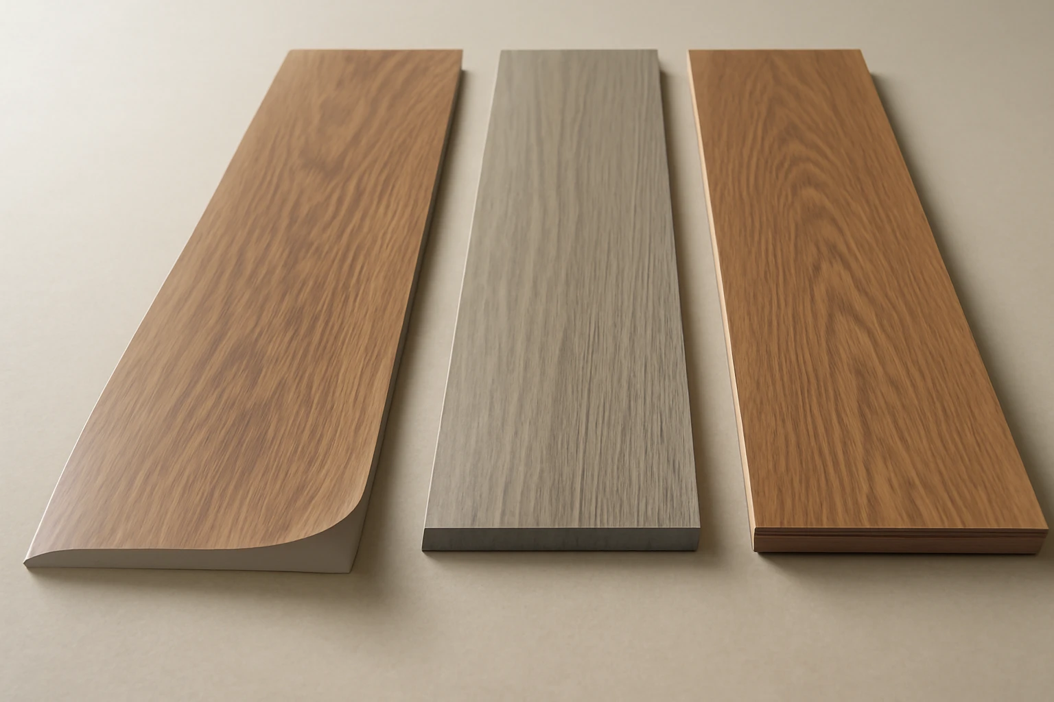 Three flooring planks—LVT, SPC, and laminate—arranged top-down to show each printed surface and distinct edge/core profile si