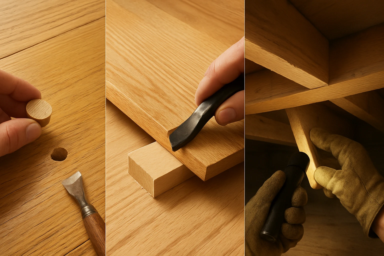 Three hardwood floor repair examples: screw-and-plug on top, a hidden glue block under a lifted plank, and shims installed fr